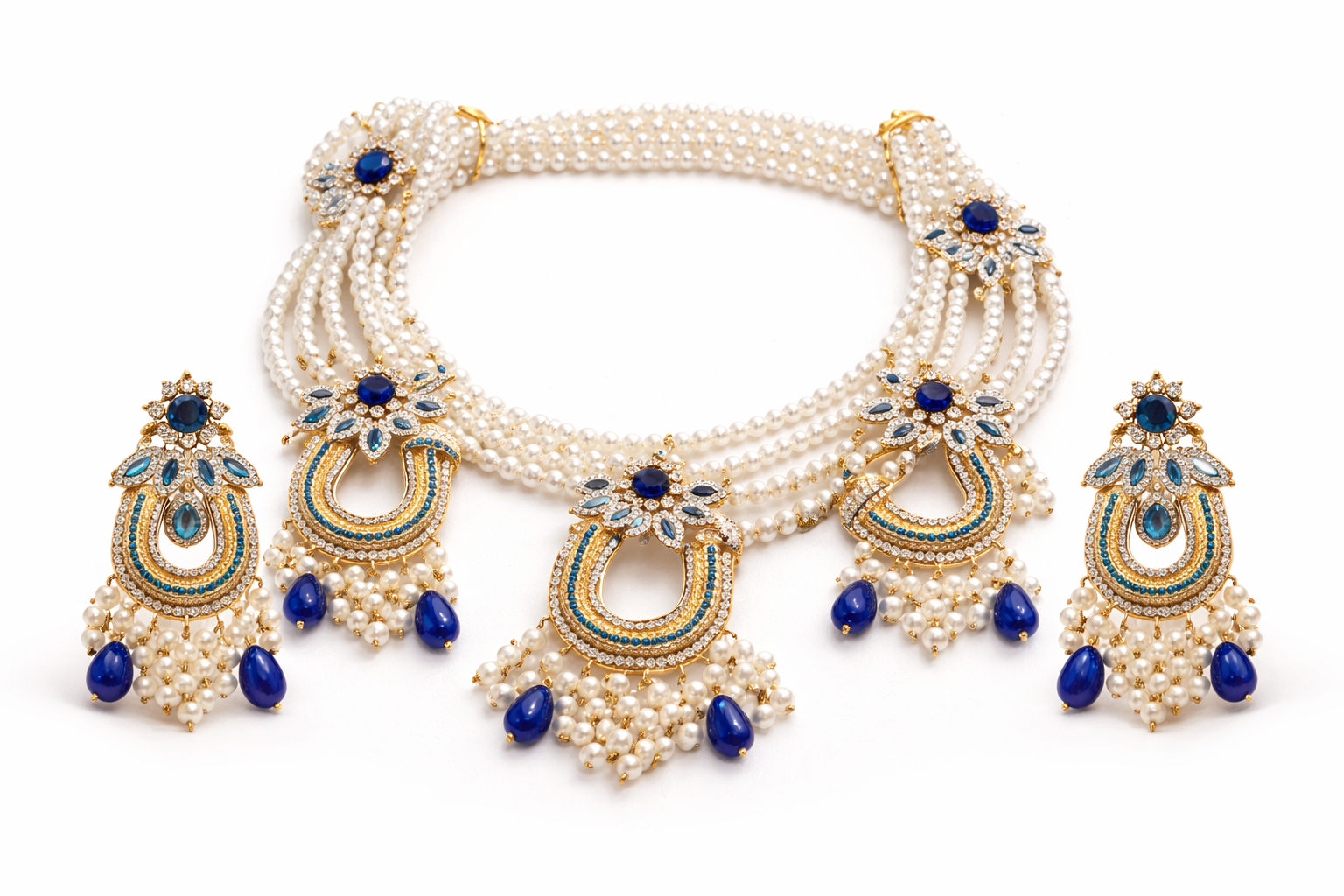 Royal Navy Blue & Pearl Choker Set | Handcrafted Antique Gold Bridal Jewelry