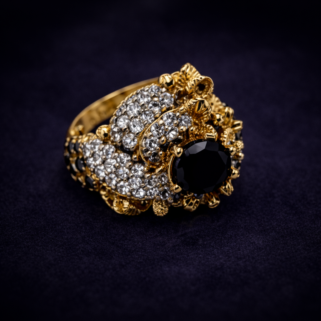 Gold Textured Cocktail Ring with Black Onyx and White Pave Crystals