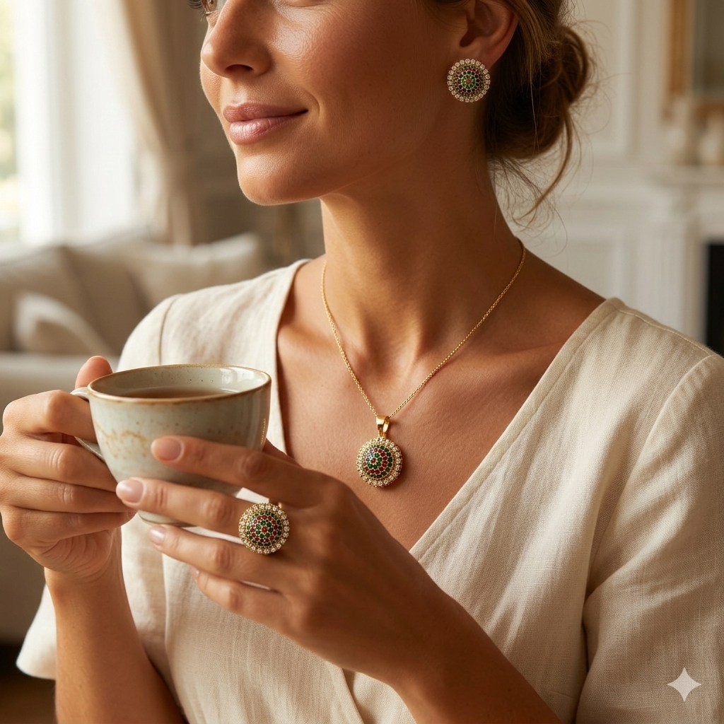Traditional Gold-Plated Multicolour Navratna Style Pendant, Ring & Earrings Set
