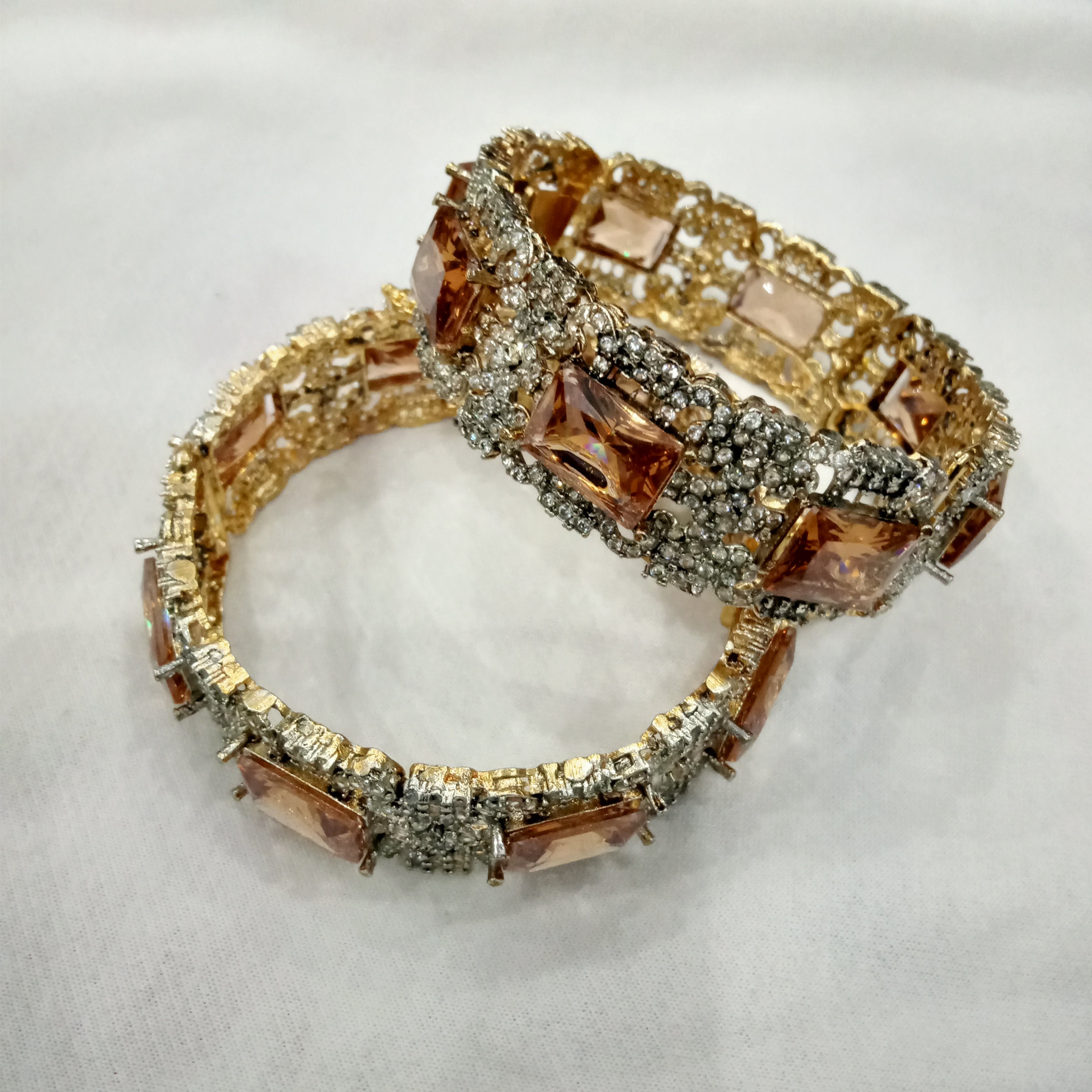 Luxury Antique Gold Kada Set with Rectangular Champagne Stones