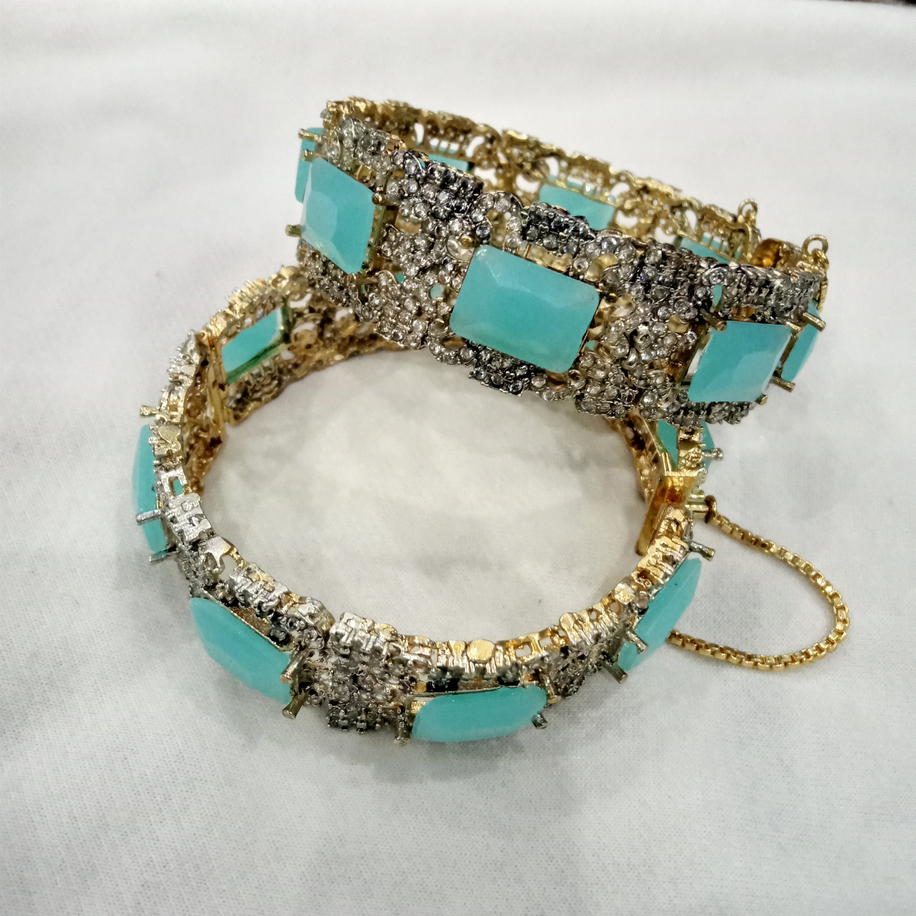 Bohemian Seafoam Green Emerald-Cut Cuff Bracelets with Pave Accents