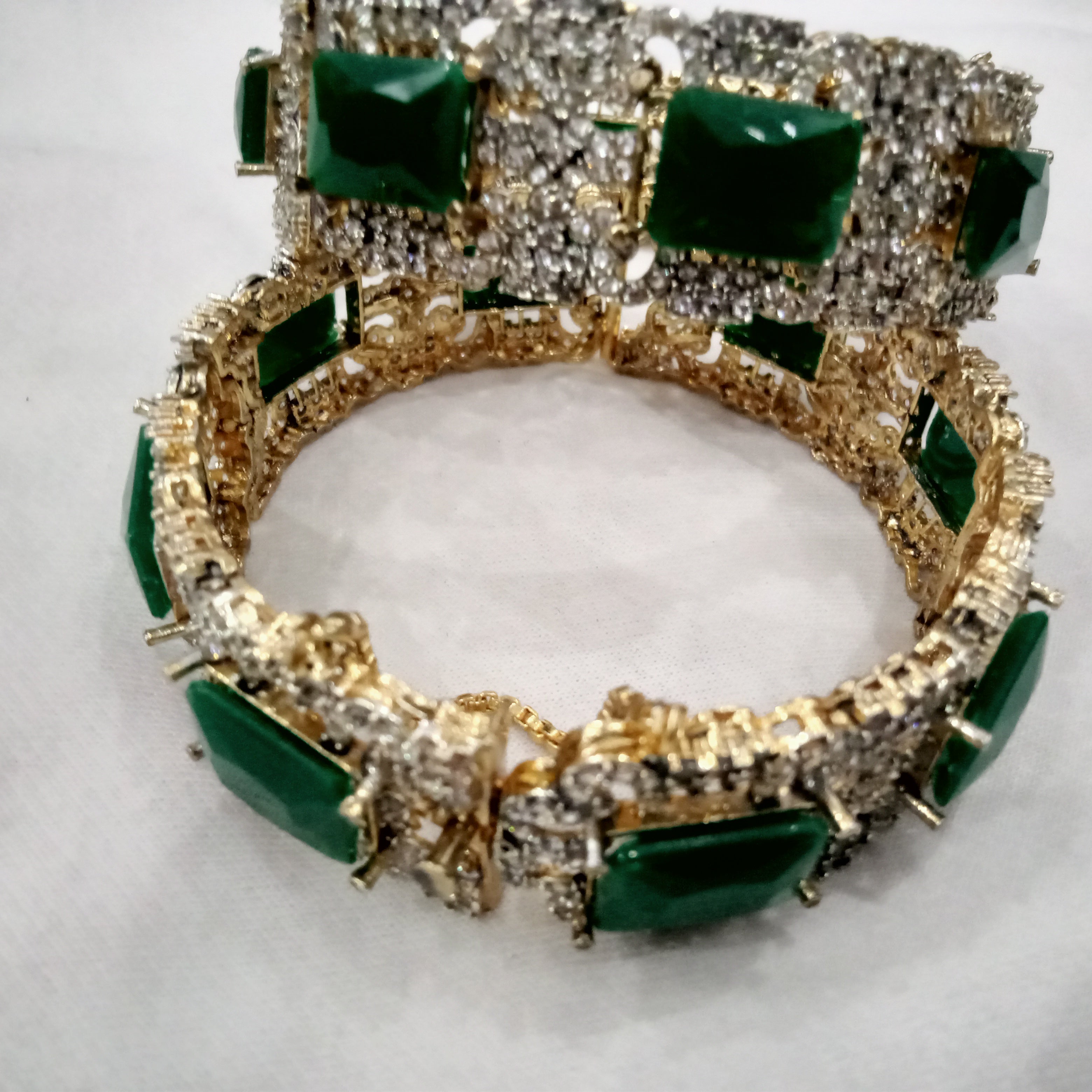 Deep Green Stone & Diamond-Simulant Broad Bangles