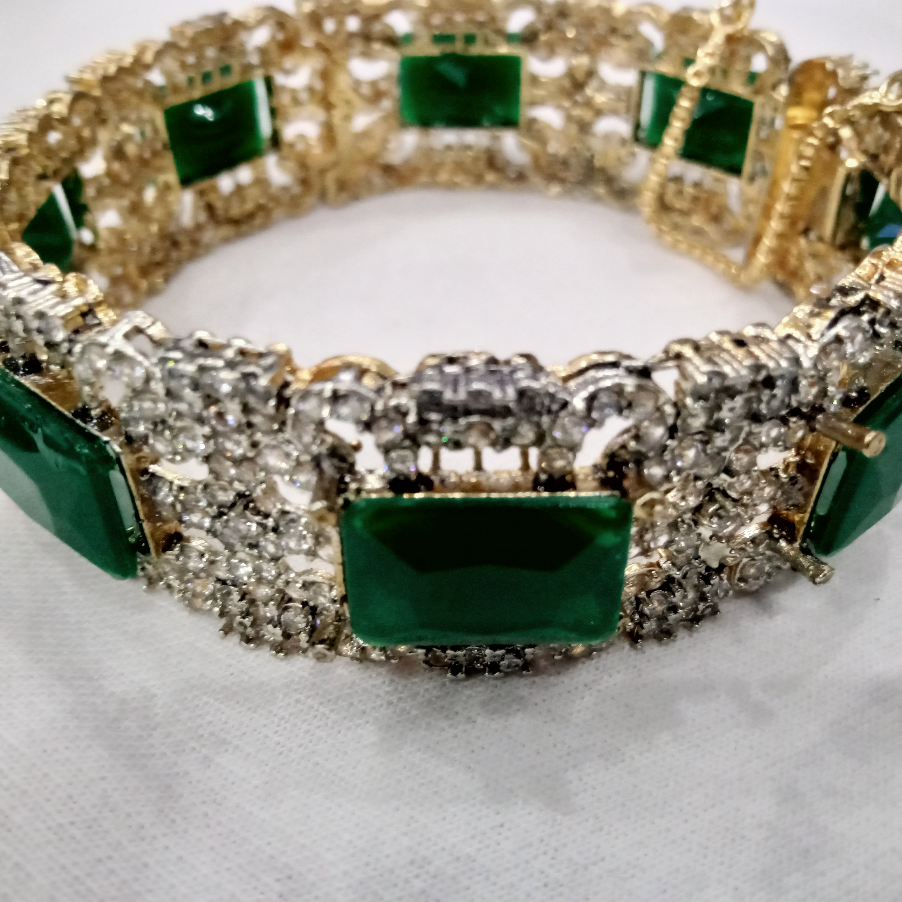 Deep Green Stone & Diamond-Simulant Broad Bangles