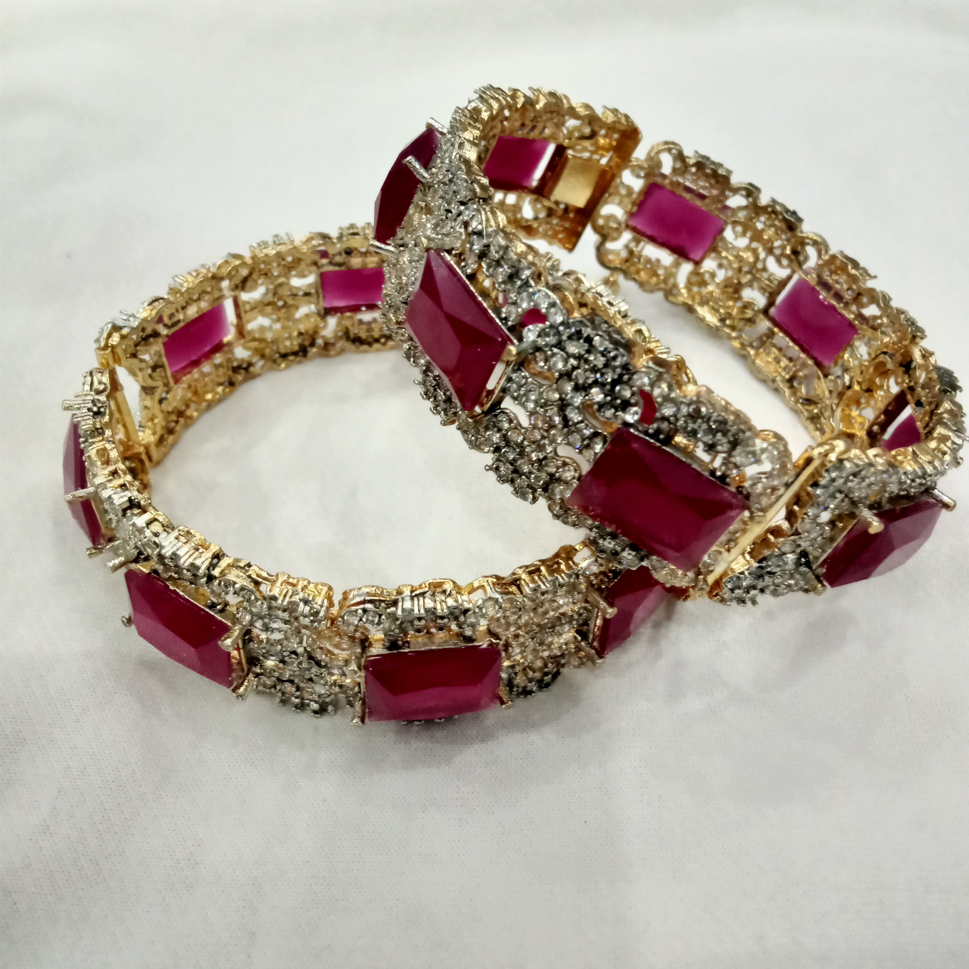 Elegant Ruby Red Stone & Polished Gold Statement Bangles (Set of 2)