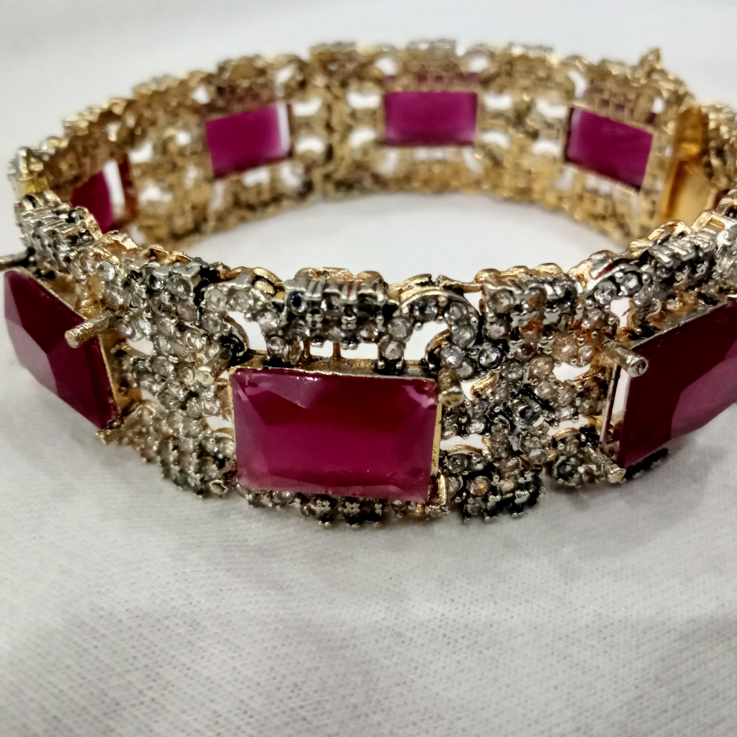 Elegant Ruby Red Stone & Polished Gold Statement Bangles (Set of 2)