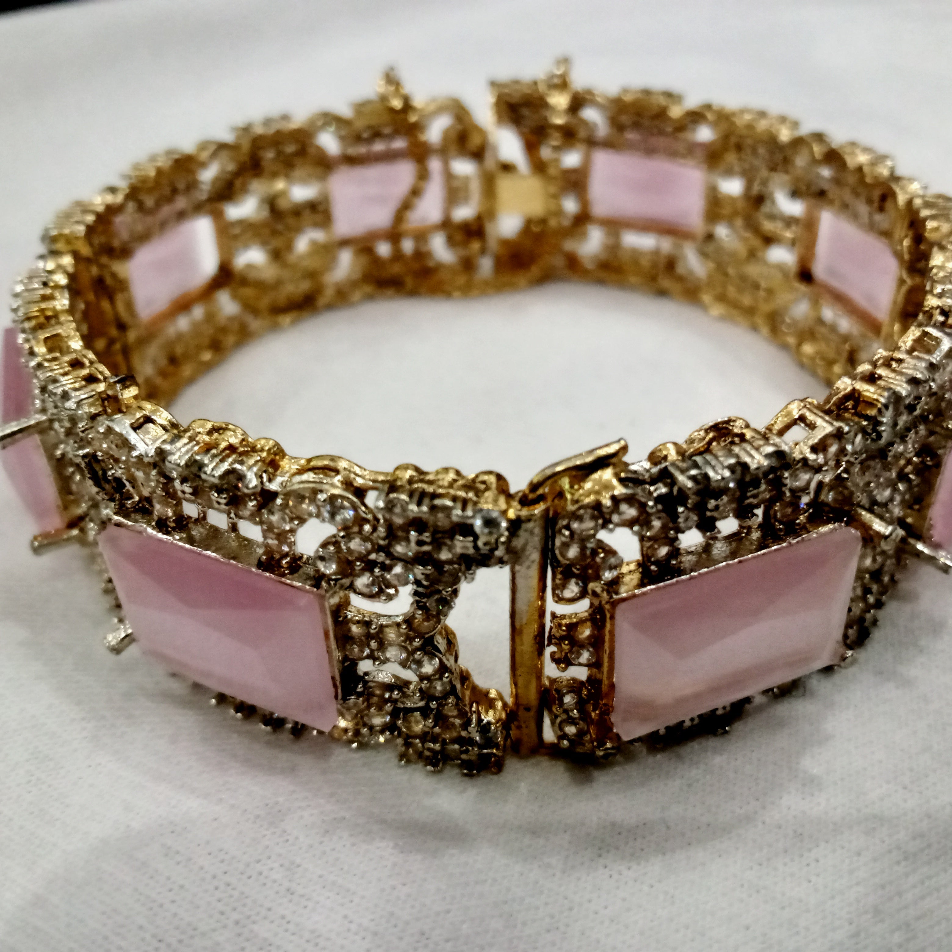 Elegant Rose Pink Stone Gold-Plated Bangles with Crystal Accents - Set of 2