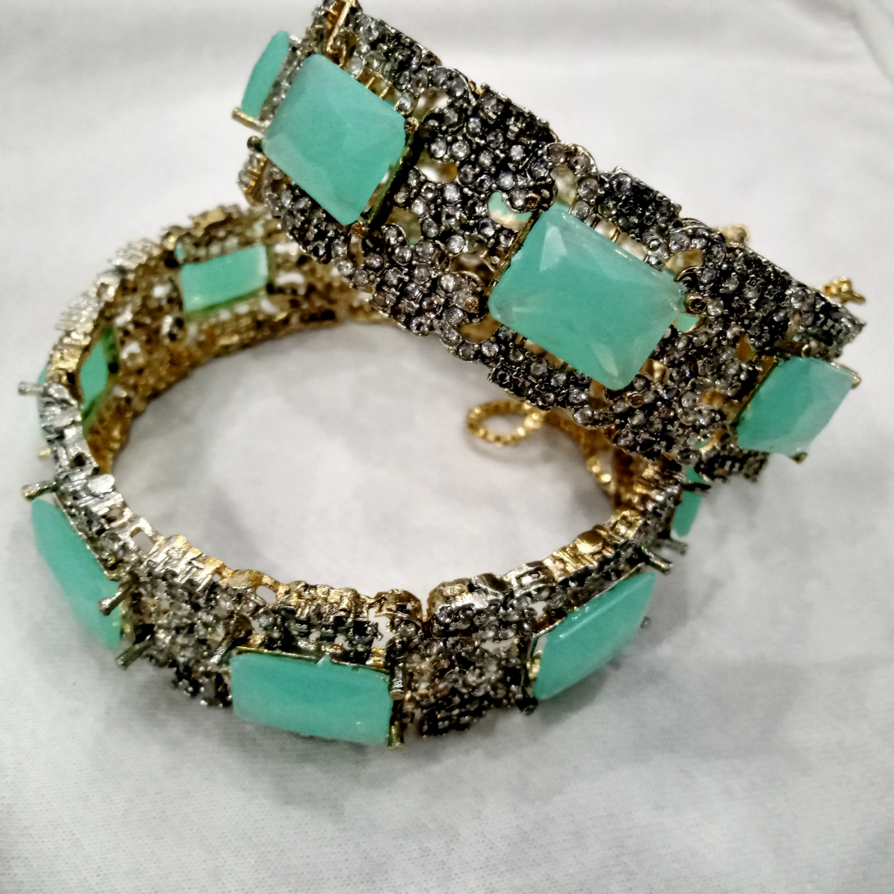 Vintage-Style Mint Green Stone & Crystal Embellished Statement Bangles (Set of 2)