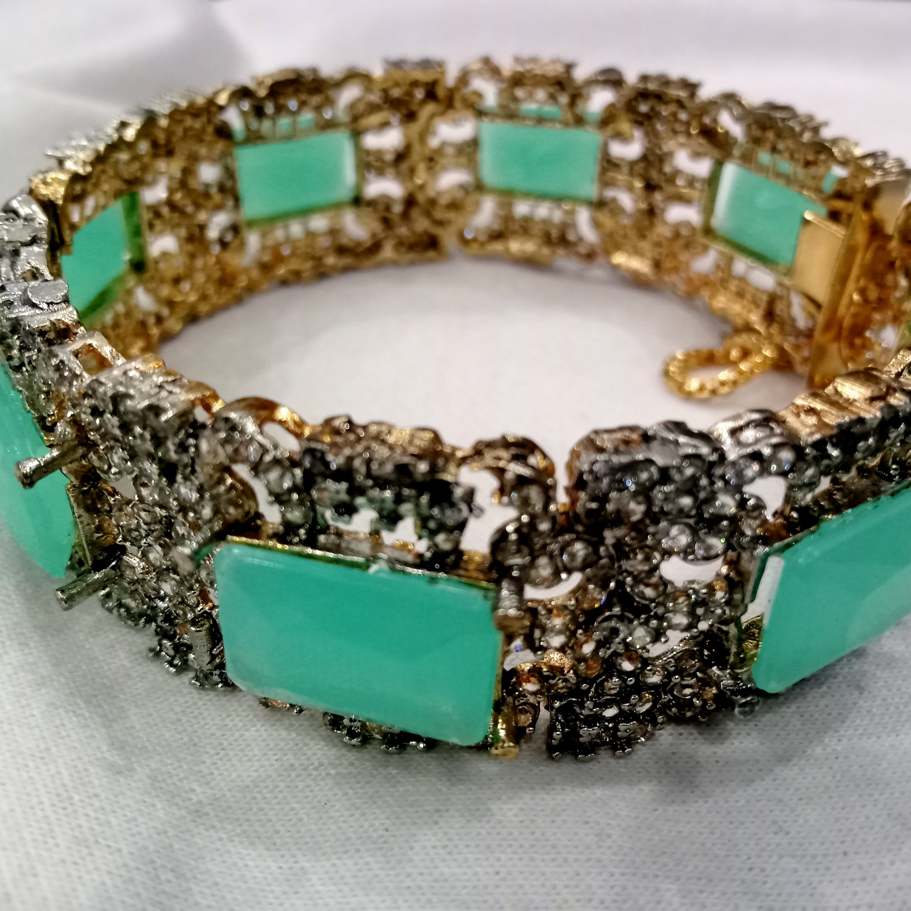 Vintage-Style Mint Green Stone & Crystal Embellished Statement Bangles (Set of 2)