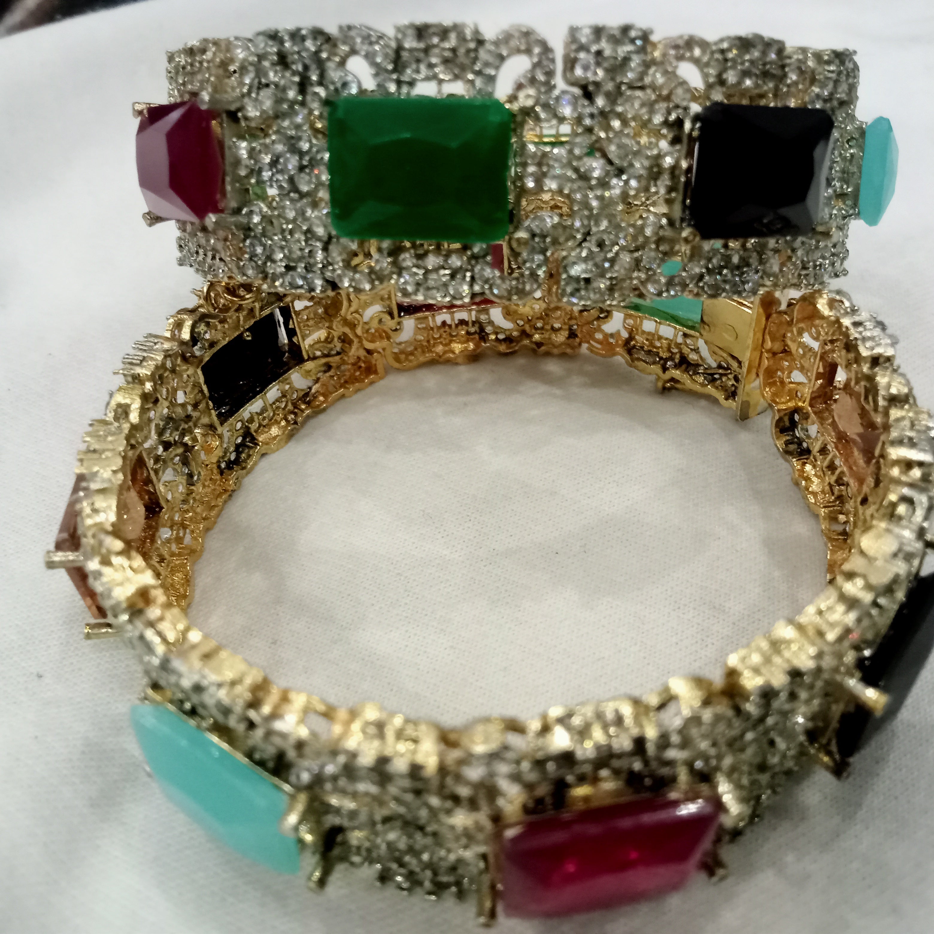 Majestic Multi-Gemstone Gold-Plated Statement Bangles (Set of 2)