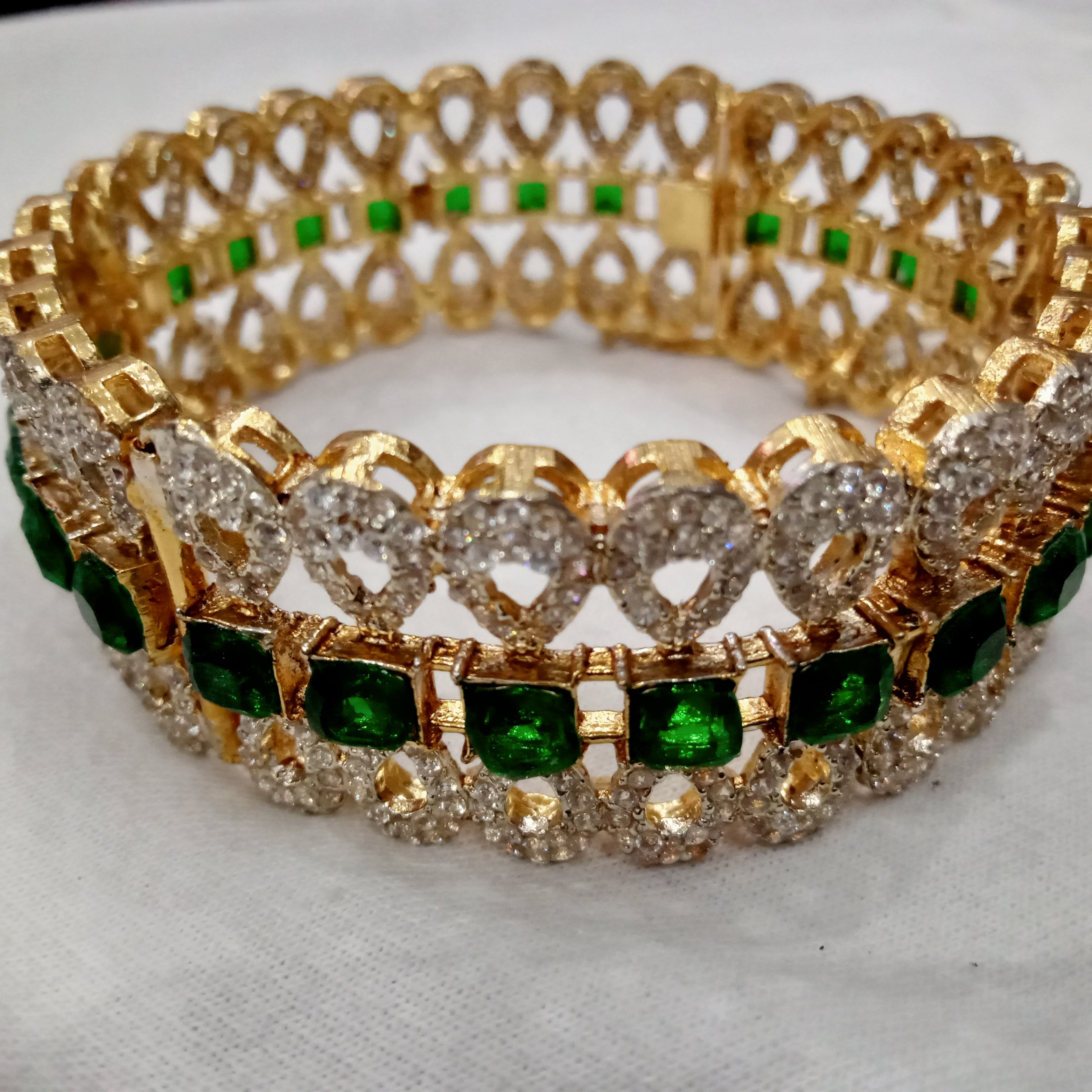 Luxury Green Emerald-Cut Stone & Crystal Gold Bangles for Weddings