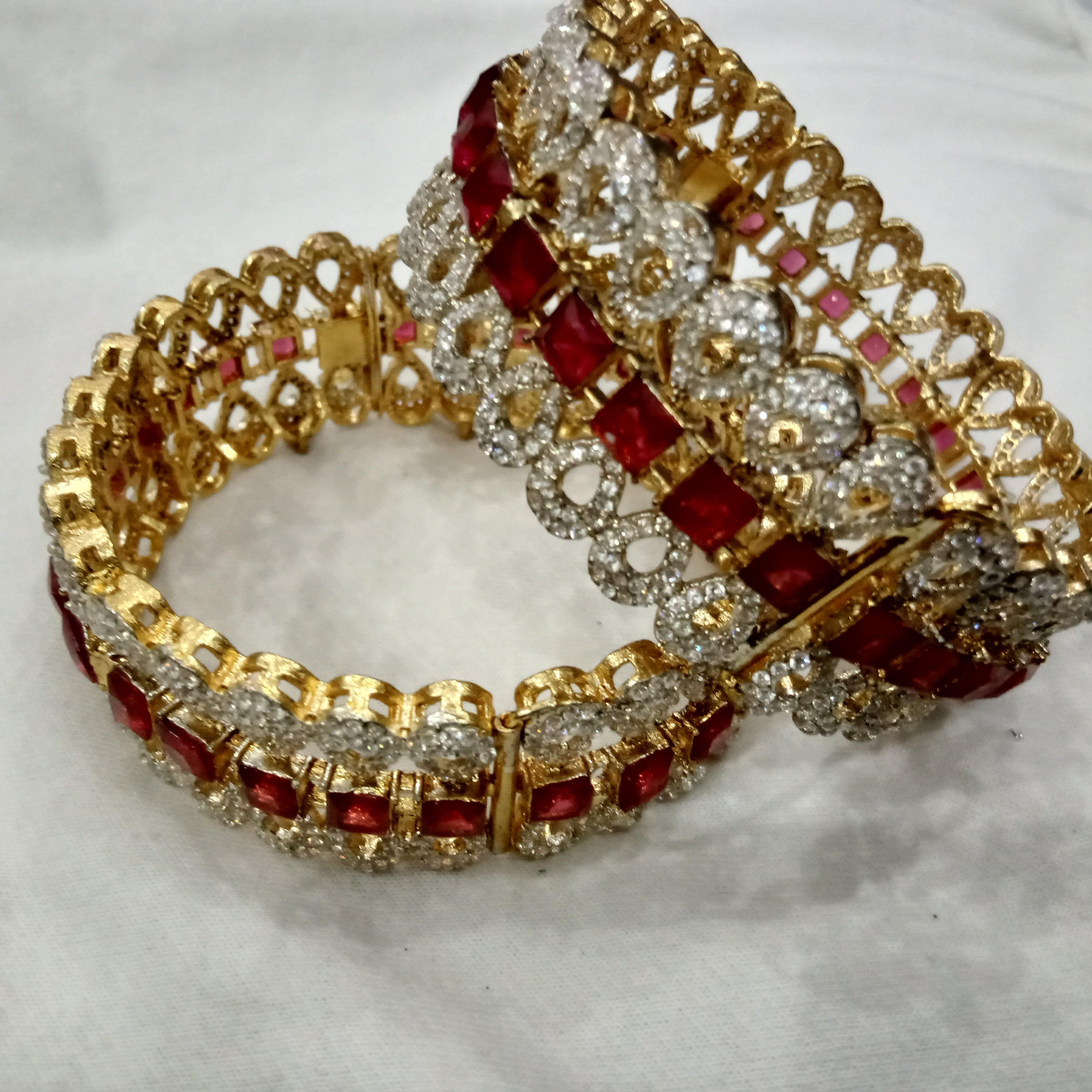 Ethnic Bridal Ruby Red Gemstone Bangles with Intricate Openwork