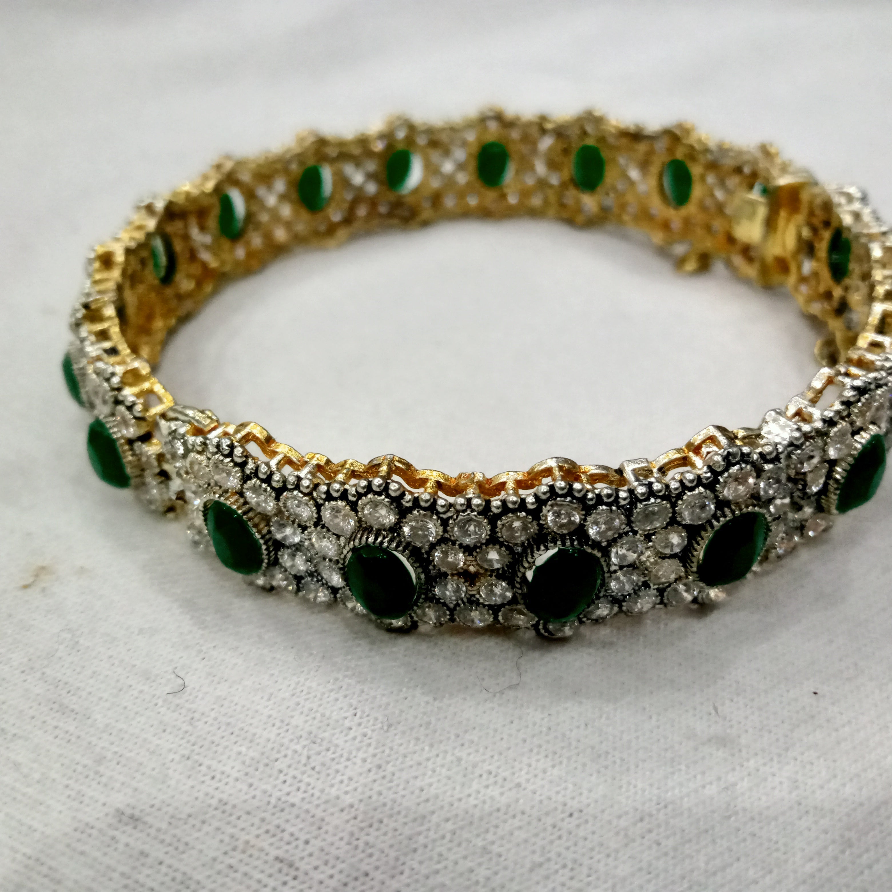 Royal Green Emerald-Style Gold Plated Bridal Bangles with Safety Chain
