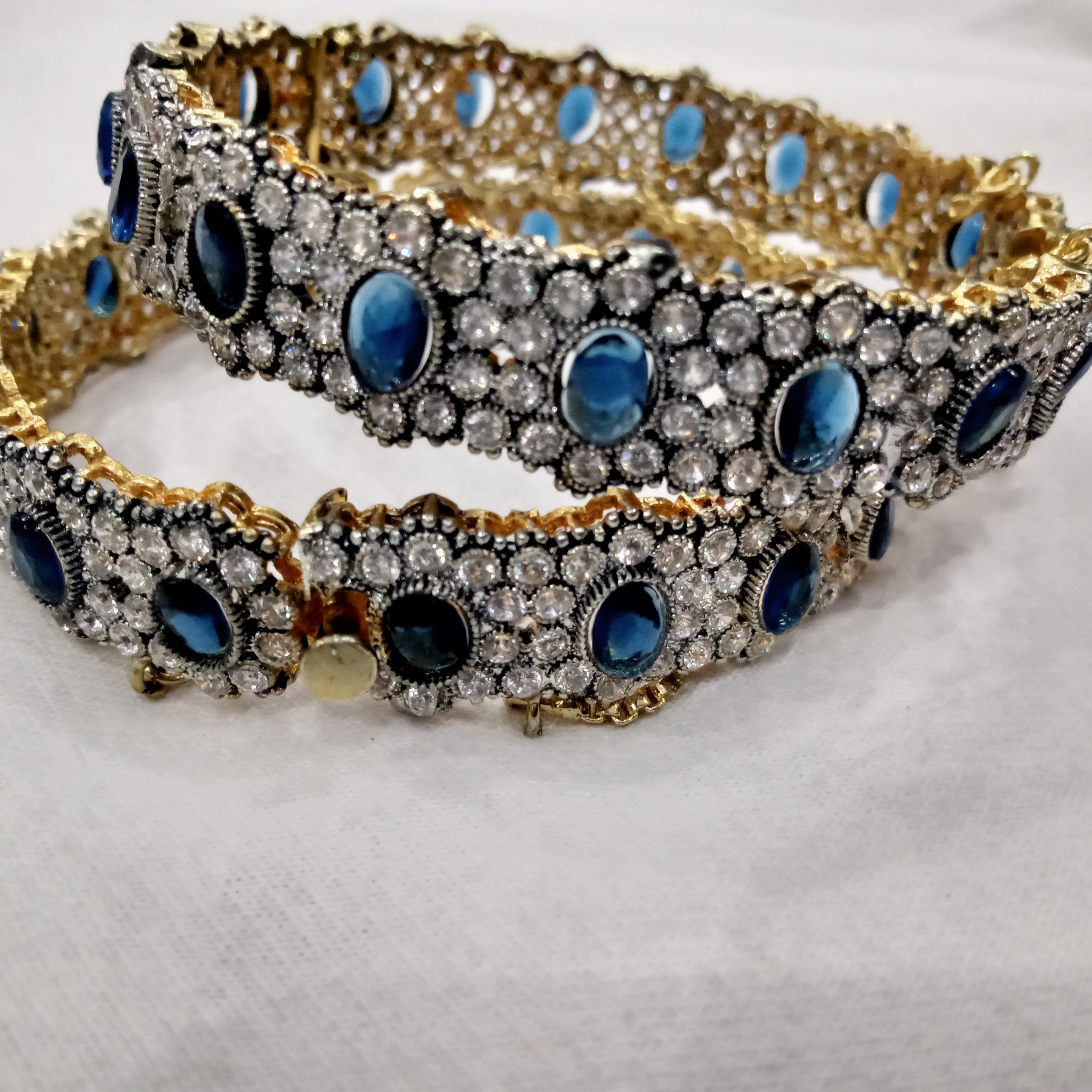 Blue Cabochon Stone Gold-Finish Bangles - Bridal & Party Wear Jewelry