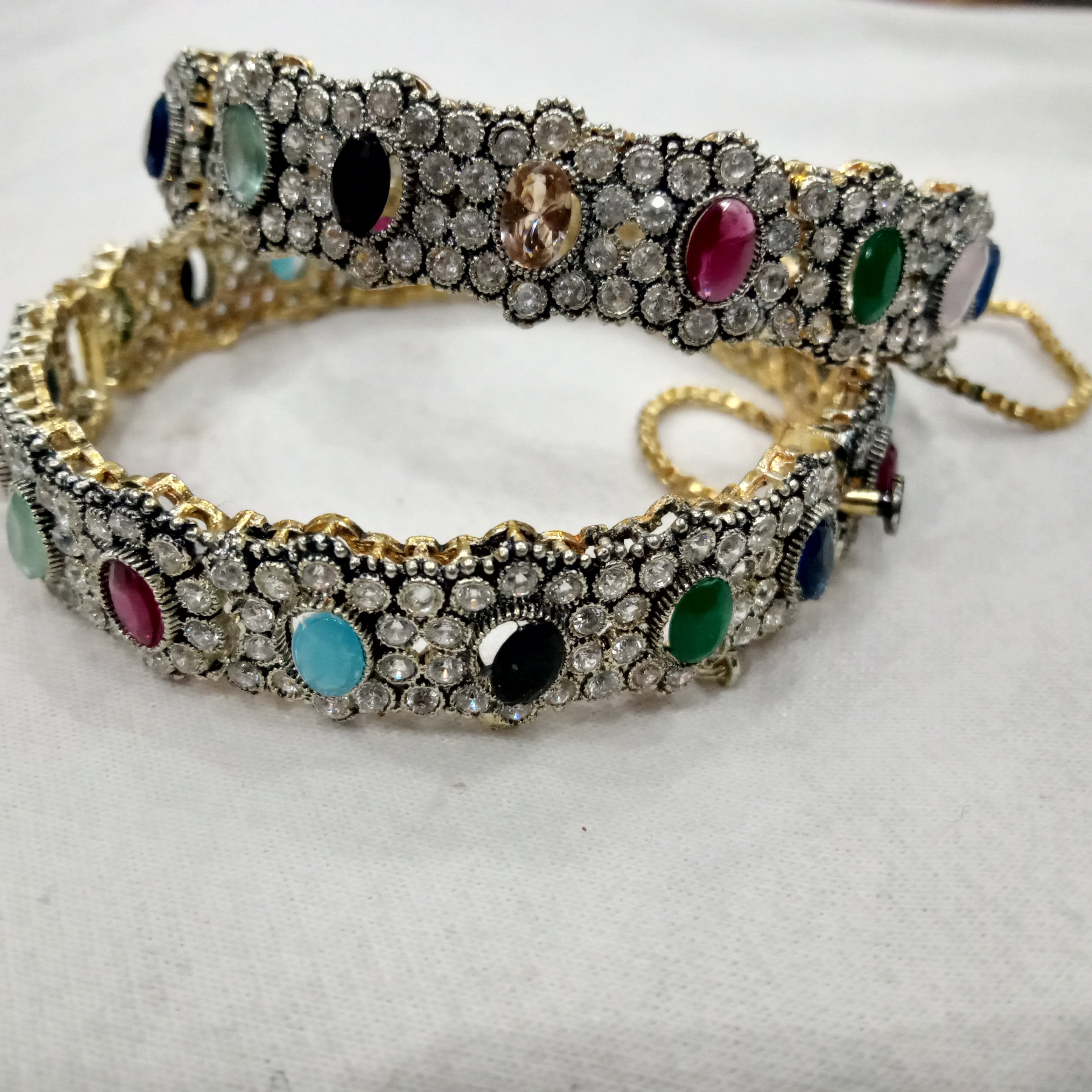 Vintage-Inspired Multi-Gemstone Kada Bangles – Handcrafted Antique Silver & Gold Finish (Set of 2)