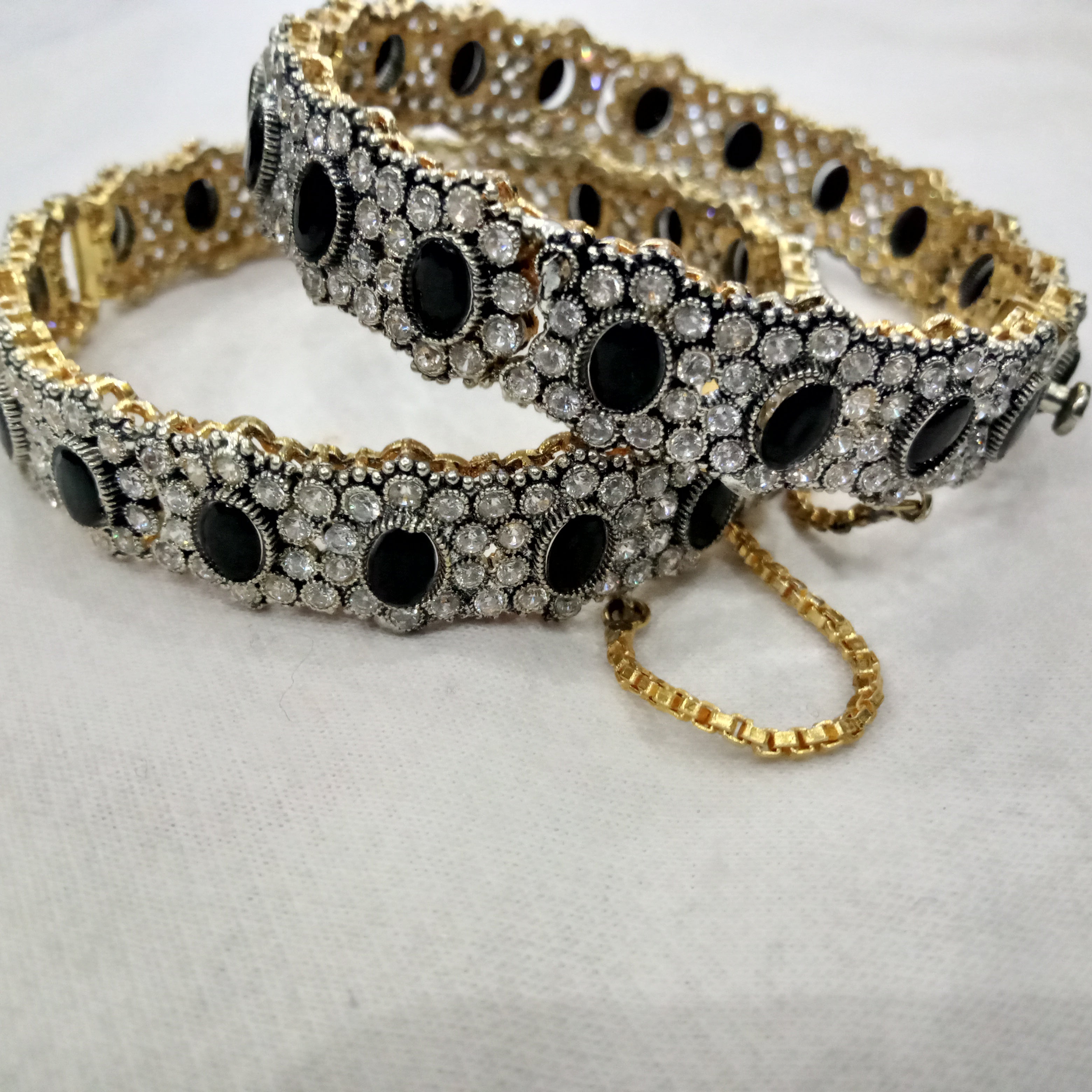 Vintage-Style Antique Gold Bangles with Black Onyx-Style Stones and Zirconia Accents (Set of 2)