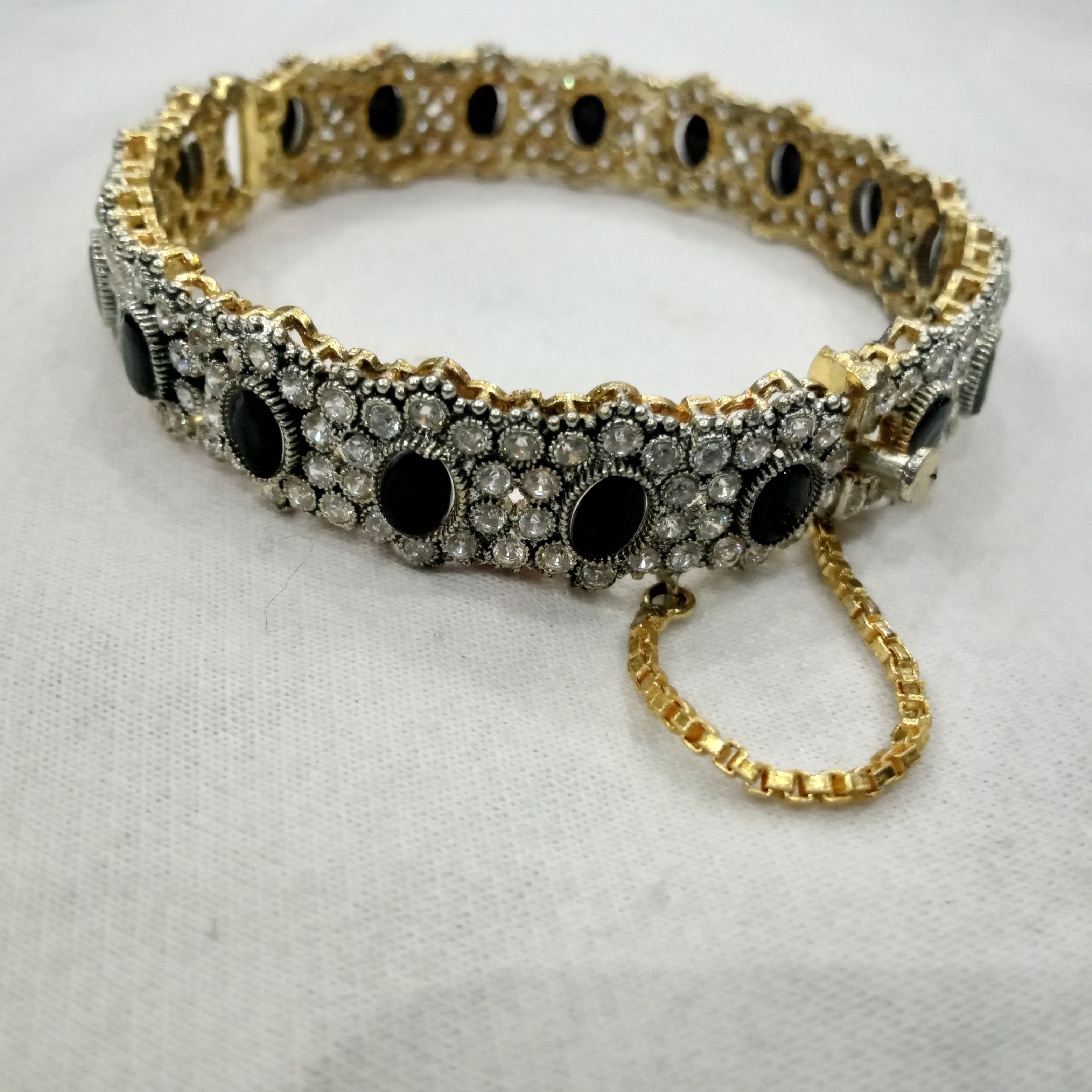 Vintage-Style Antique Gold Bangles with Black Onyx-Style Stones and Zirconia Accents (Set of 2)