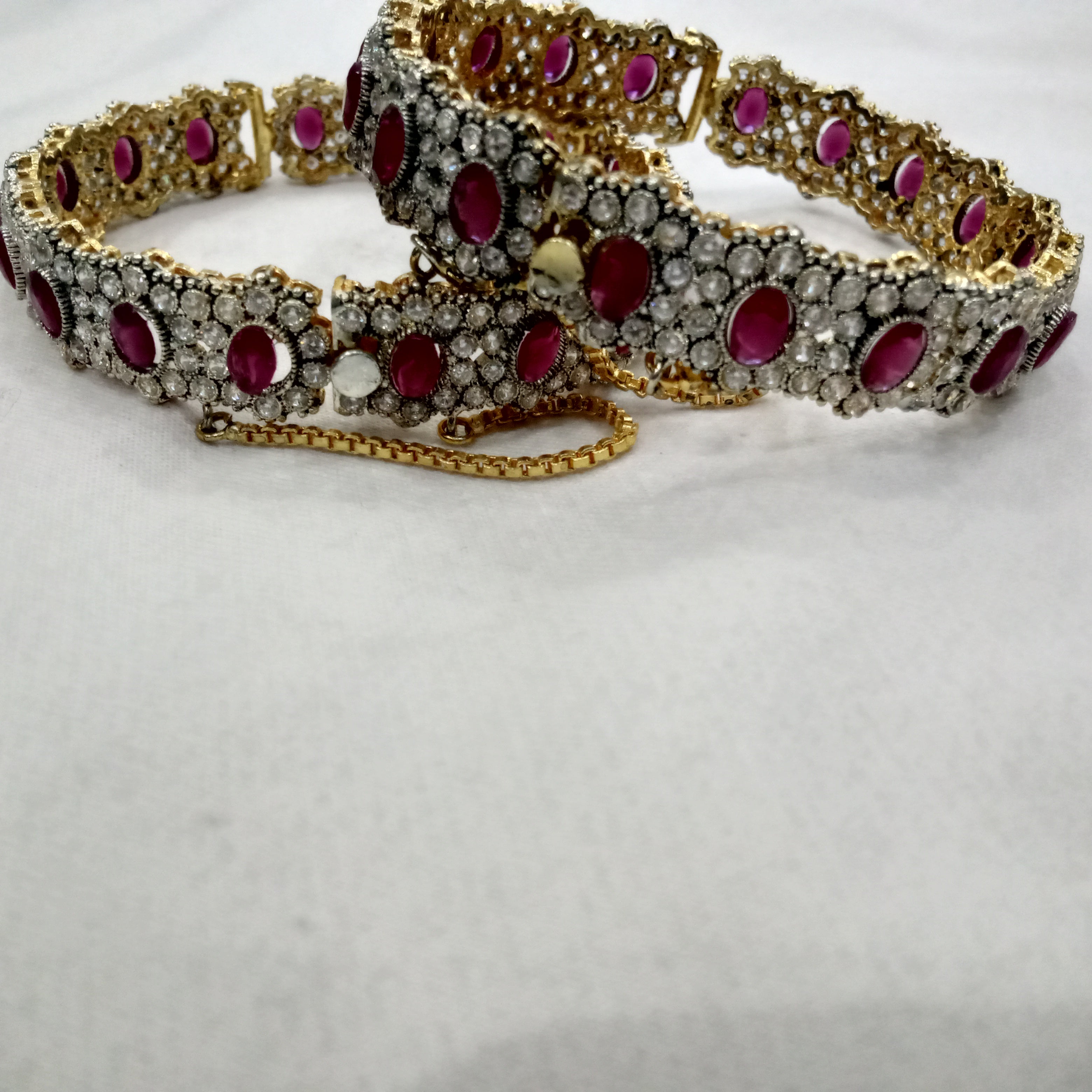 Exquisite Ruby Red & White Stone Studded Gold-Plated Bangles (Set of 2)