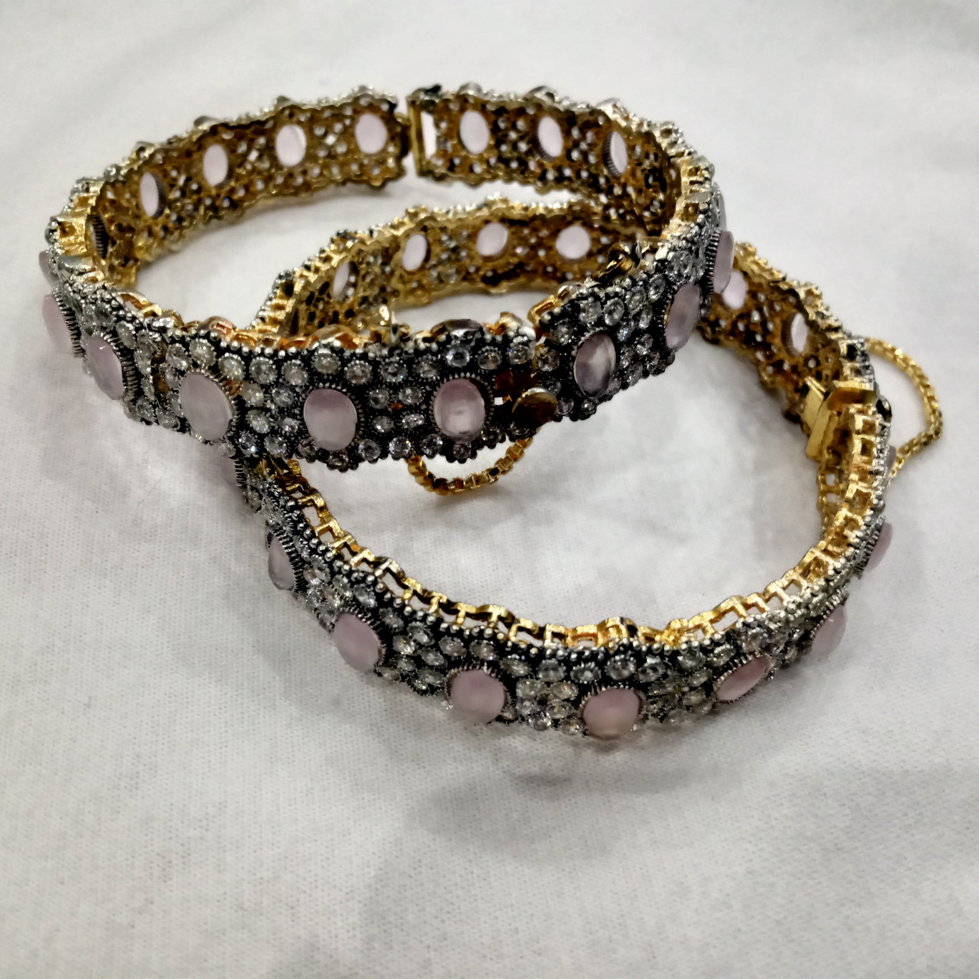 Elegant Rose Quartz & Zircon Studded Gold-Plated Statement Bangles (Set of 2)