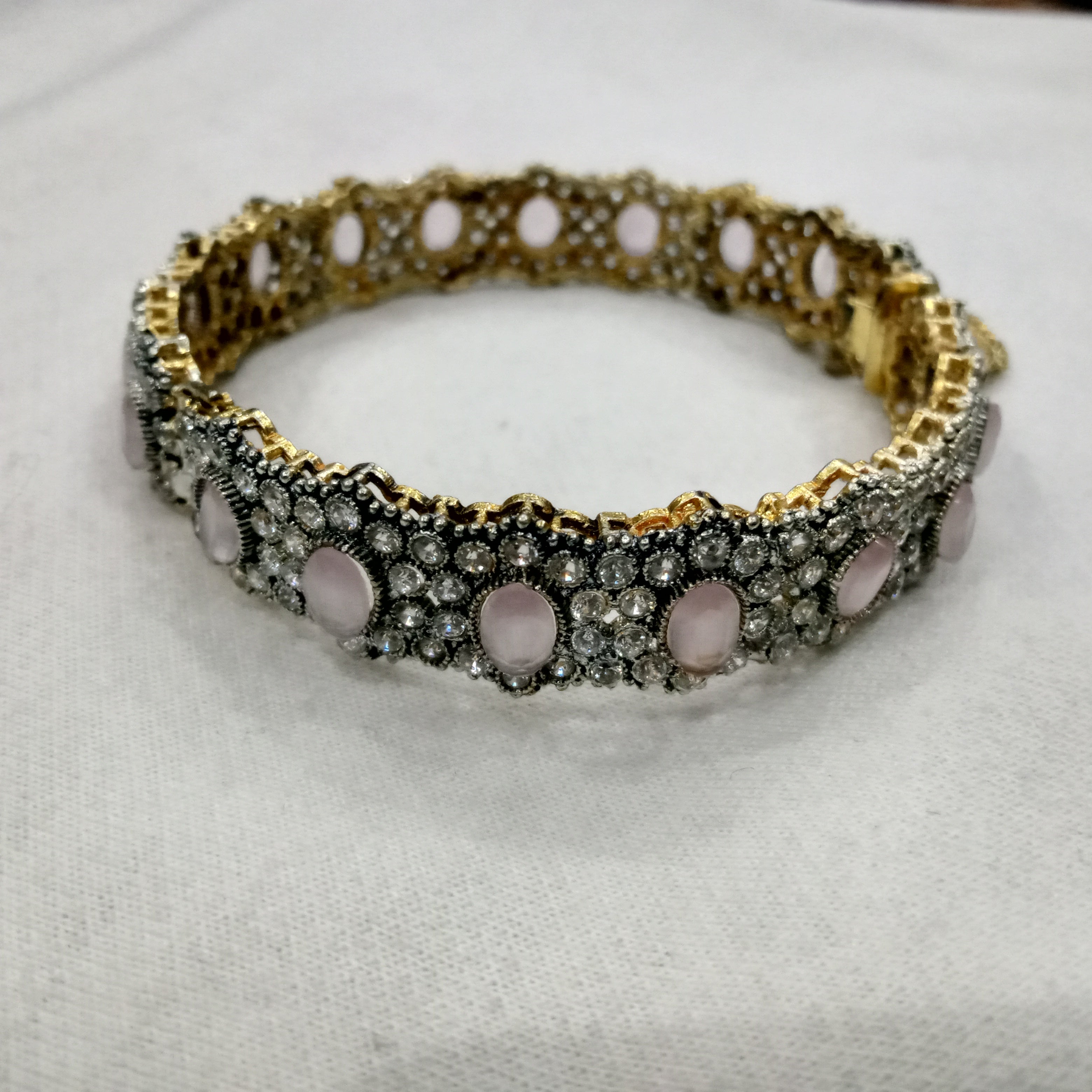 Elegant Rose Quartz & Zircon Studded Gold-Plated Statement Bangles (Set of 2)