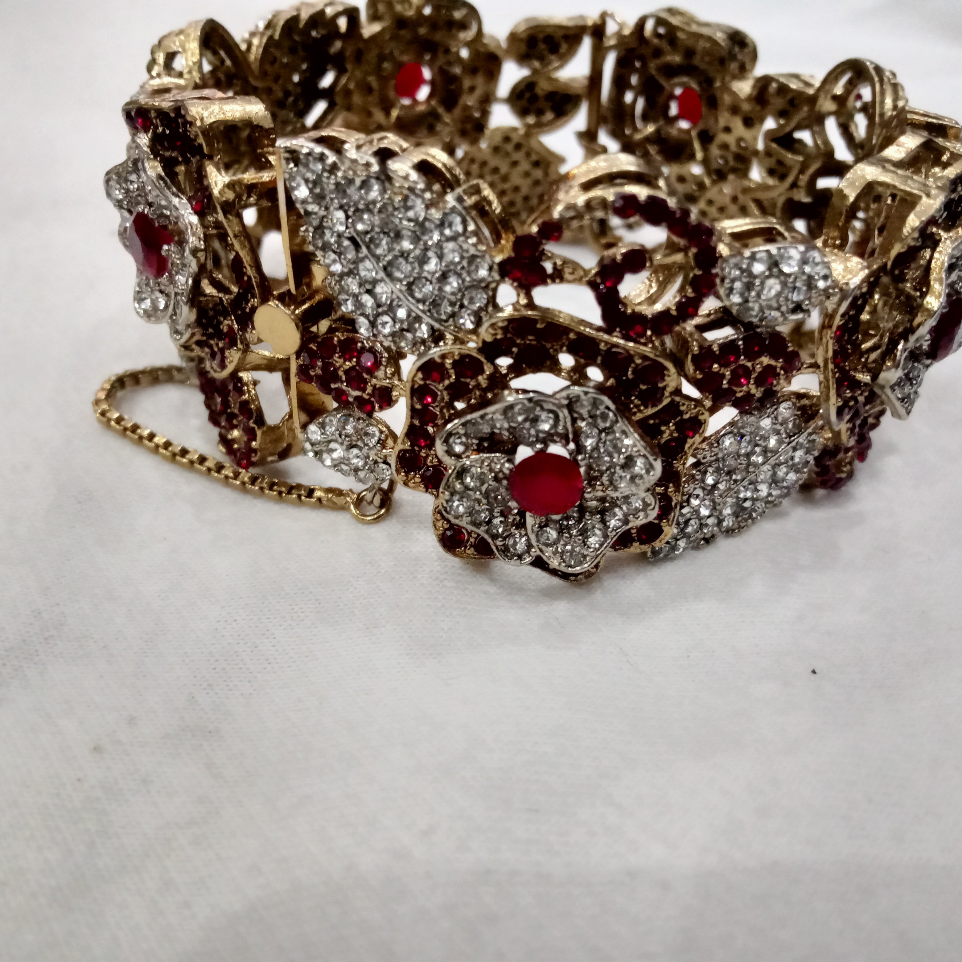 Empress Ruby Red Floral Statement Bracelet – Ornate Crystal Filigree