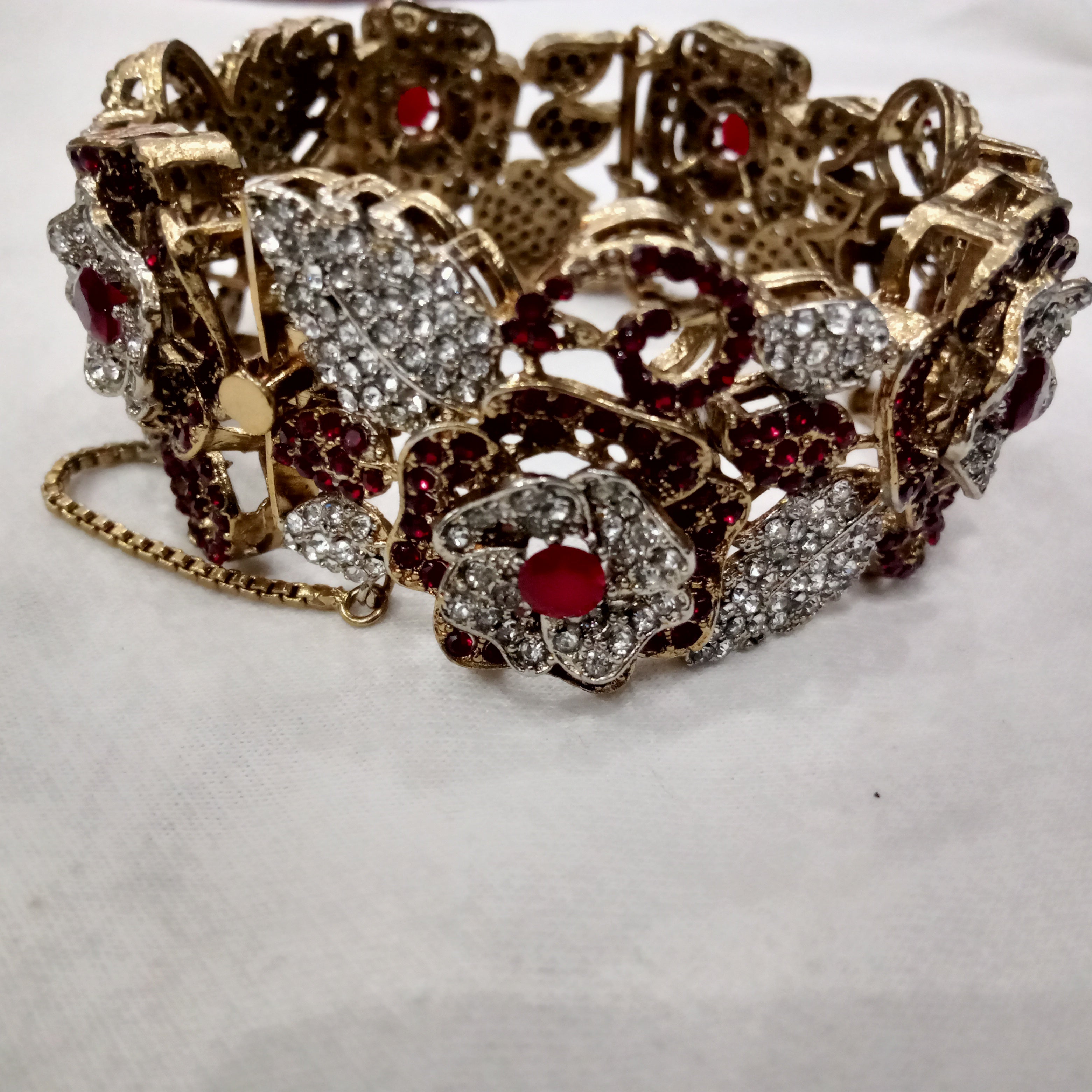 Empress Ruby Red Floral Statement Bracelet – Ornate Crystal Filigree