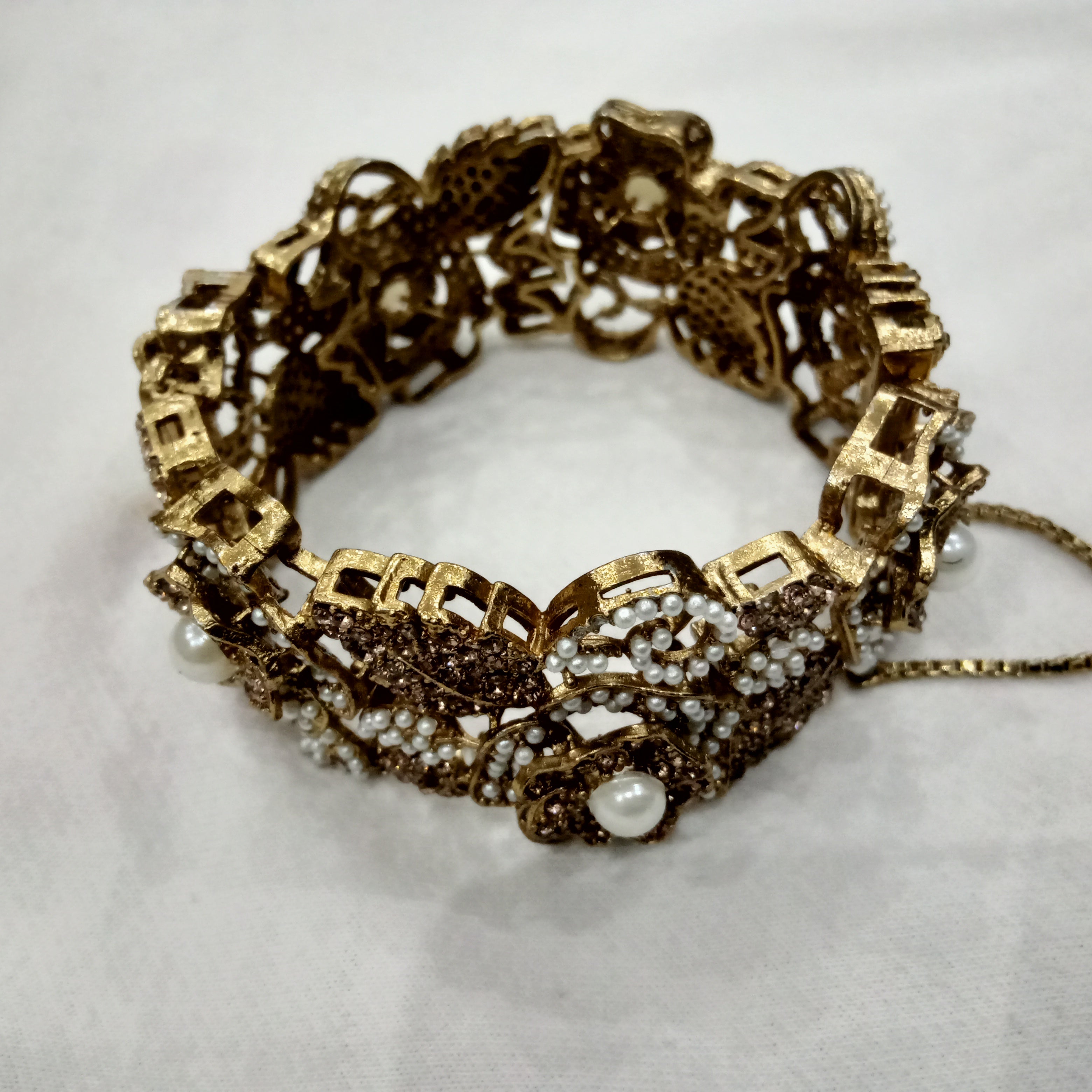 Heritage Rose Gold-Tone Pearl & Crystal Embellished Statement Bangle