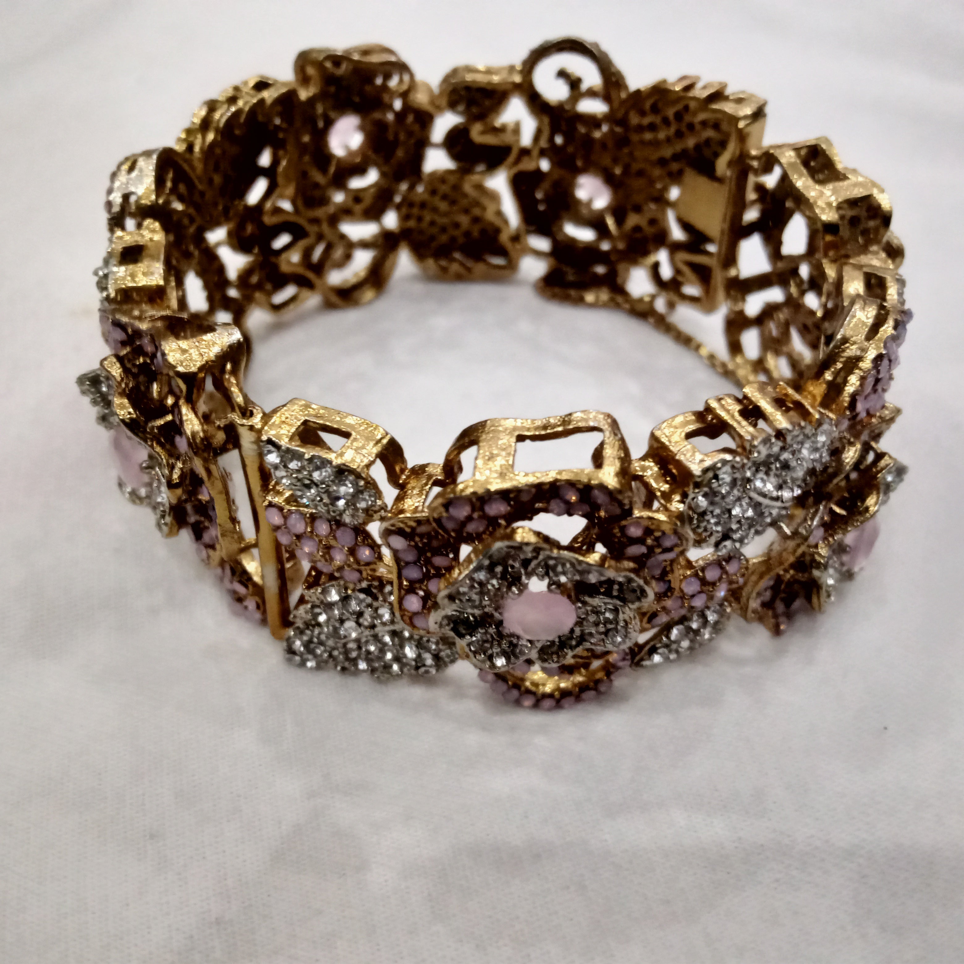 Vintage Gold-Tone Floral Link Bracelet with Pink Stones and Crystals