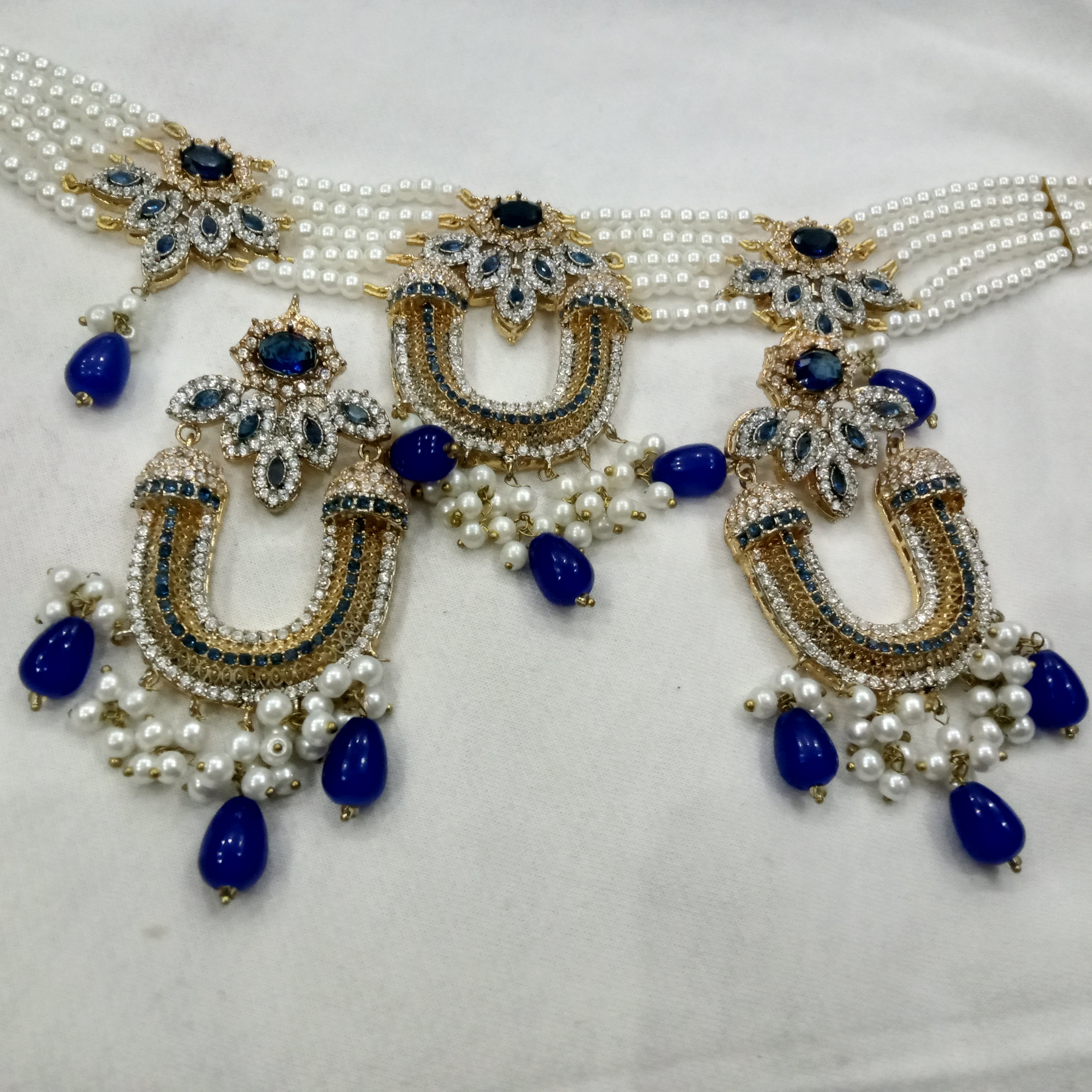 Royal Navy Blue & Pearl Choker Set | Handcrafted Antique Gold Bridal Jewelry