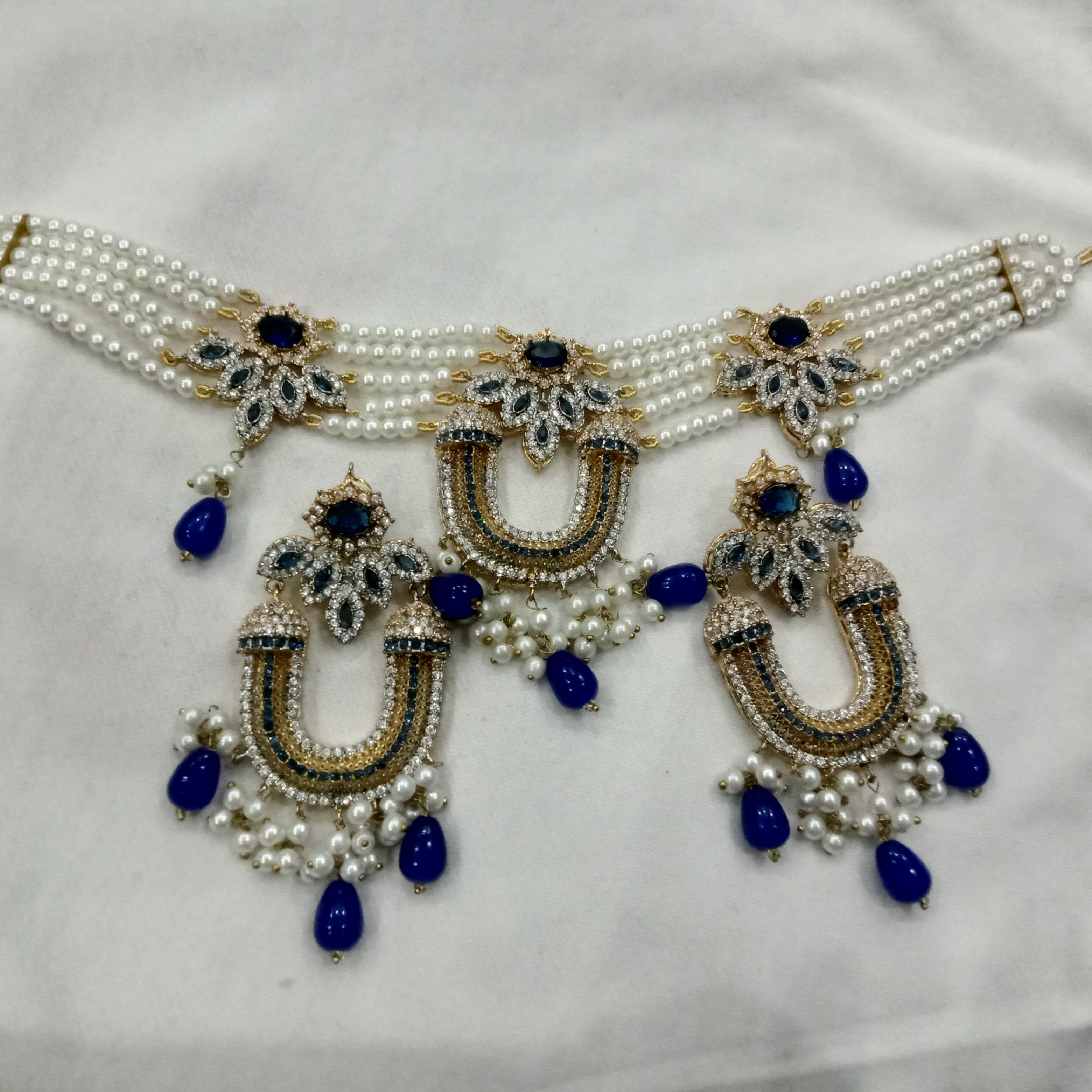 Royal Navy Blue & Pearl Choker Set | Handcrafted Antique Gold Bridal Jewelry