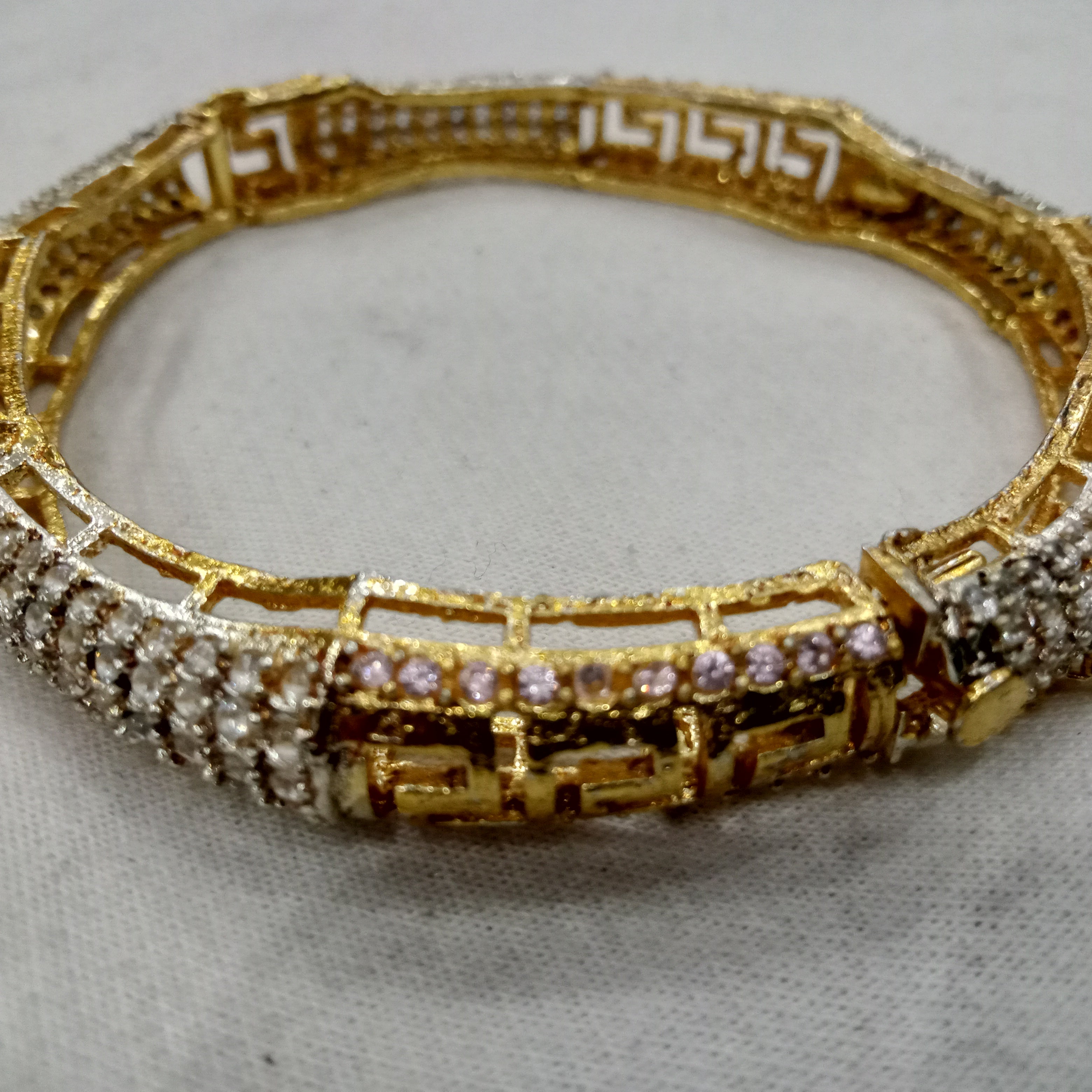 Elegant Gold-Plated Greek Key Fretwork Bangles with Pavé Crystal Accents (Set of 2)