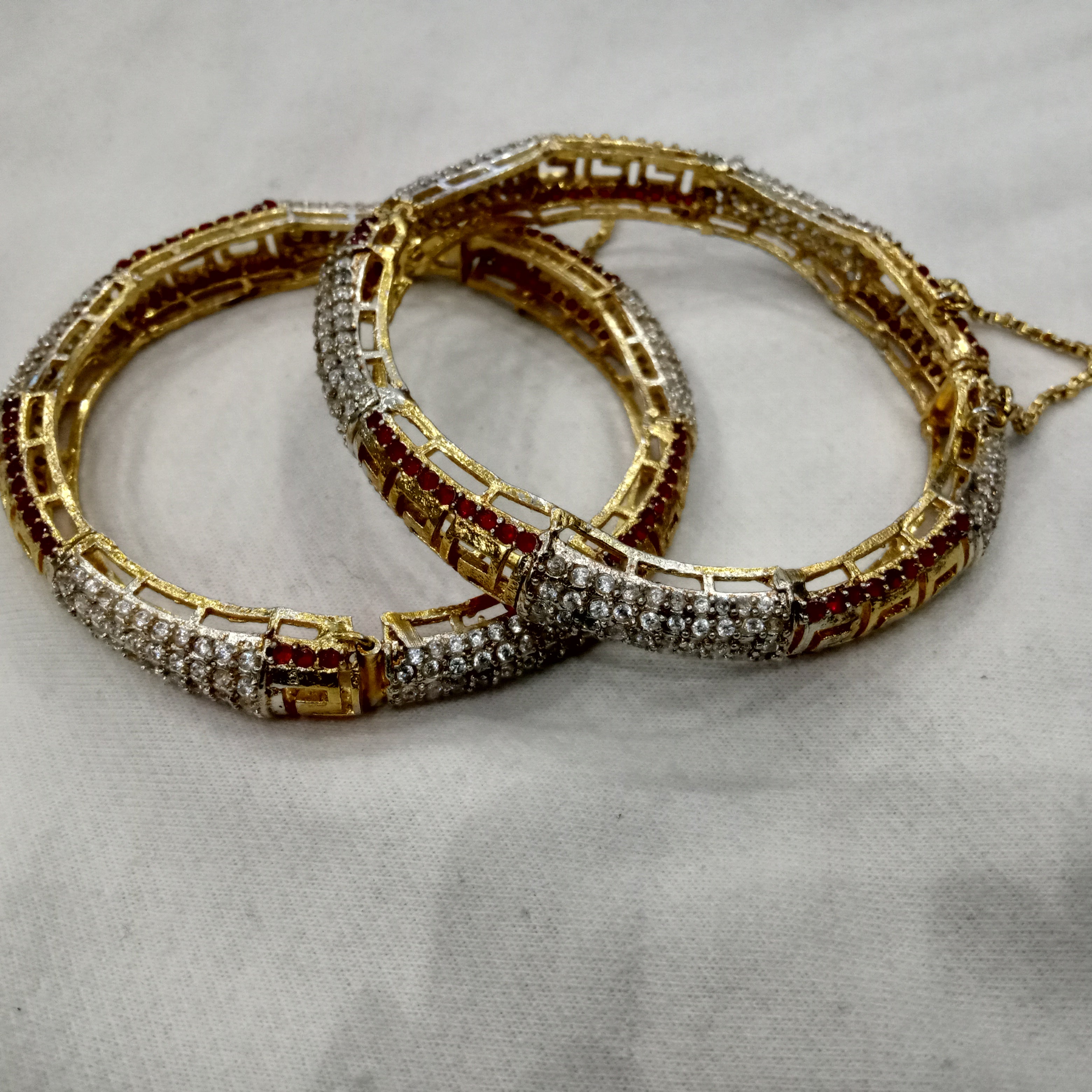 Victorian-Style Ruby & White Stone Gold Bangles