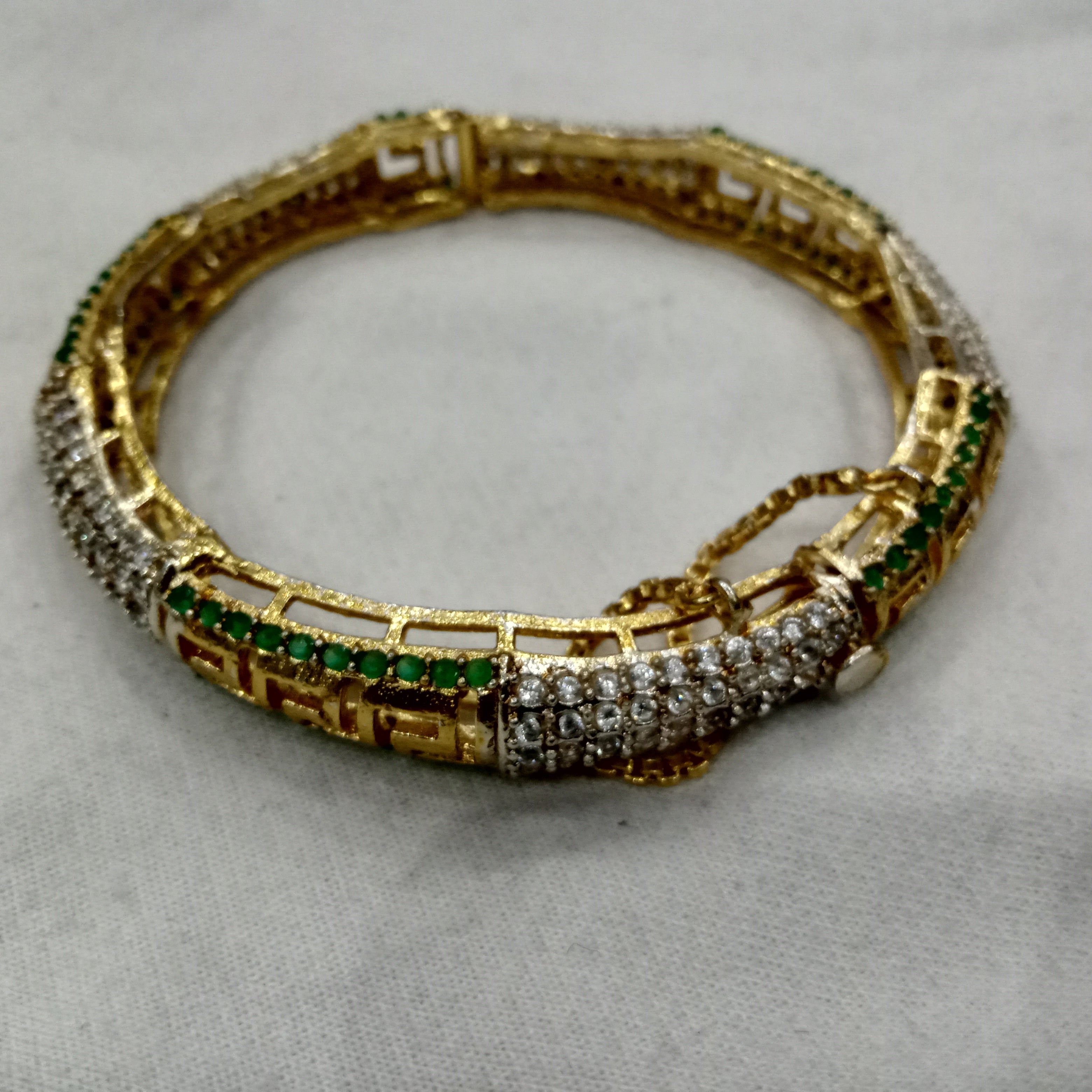 Traditional Gold Openable Bangles with Green Stones and Micro-Pave CZ Accents