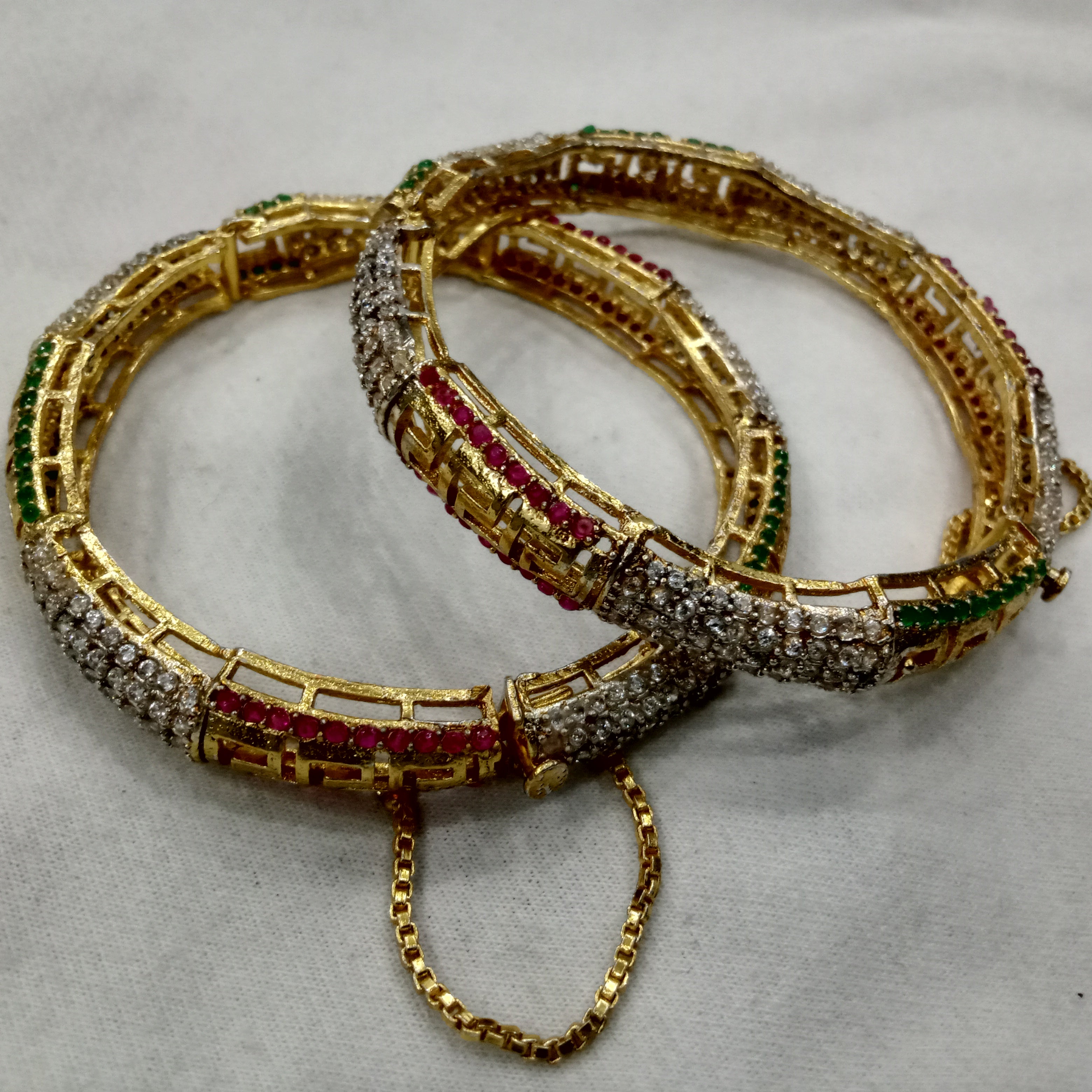 Handcrafted Ruby, Emerald, and Zircon Studded Gold-Plated Openable Bangles