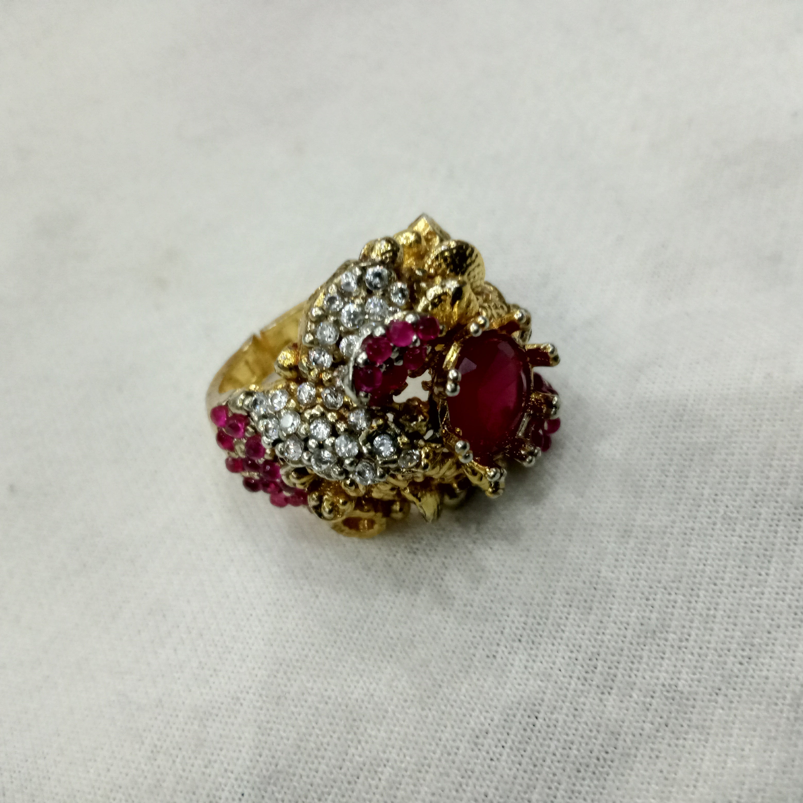 Regal Ruby Red Statement Ring | Ornate Antique Gold & Crystal Cocktail Ring