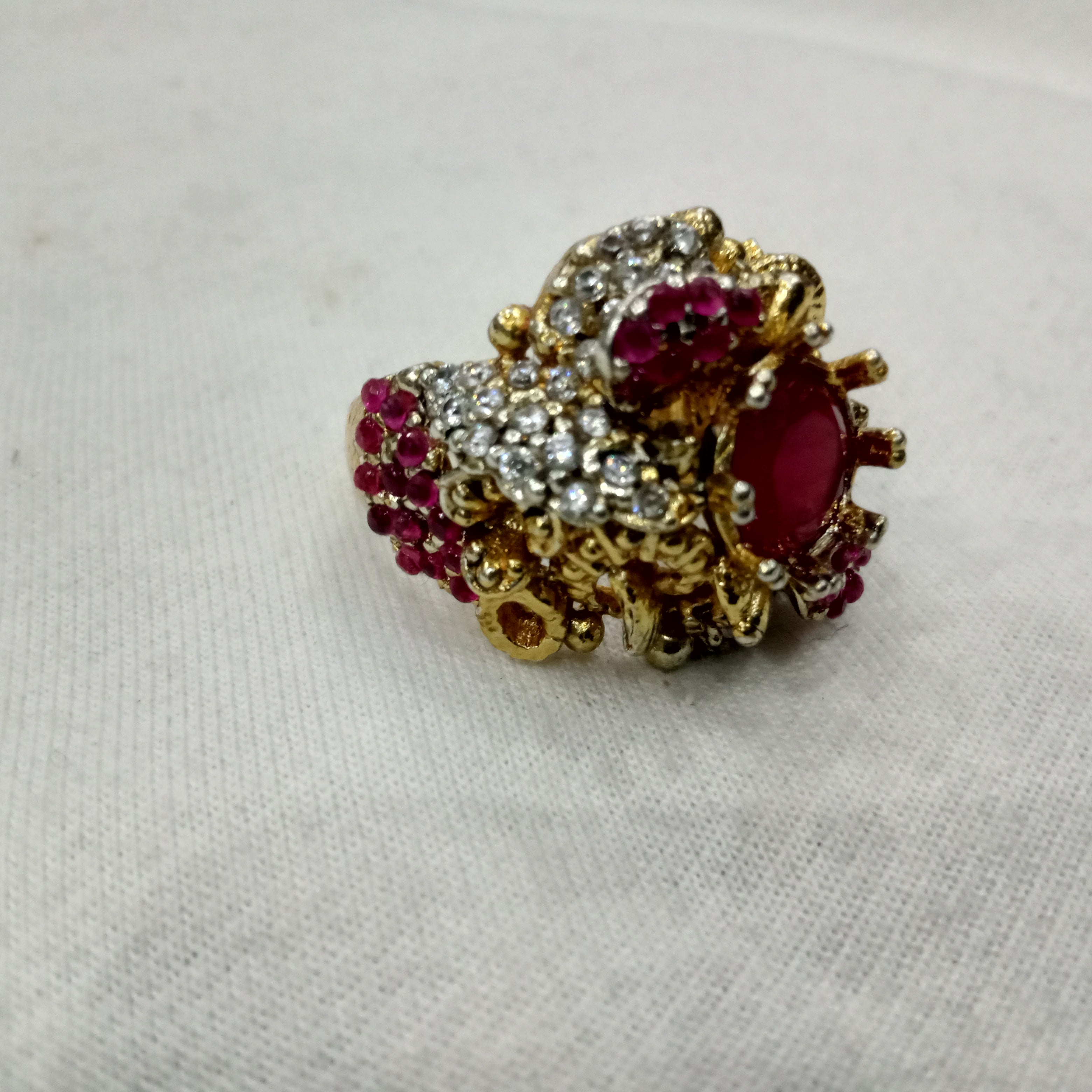 Regal Ruby Red Statement Ring | Ornate Antique Gold & Crystal Cocktail Ring