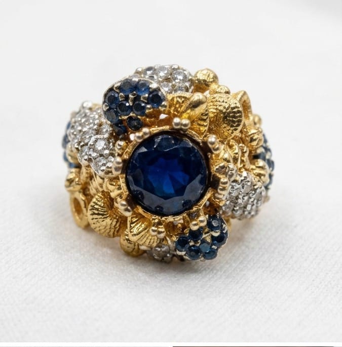 Vintage-Style Brutalist Cocktail Ring - Sapphire Blue & Crystal Cluster in Textured Gold