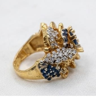 Vintage-Style Brutalist Cocktail Ring - Sapphire Blue & Crystal Cluster in Textured Gold