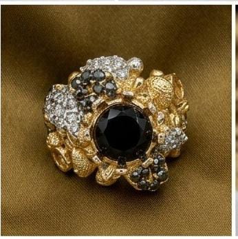 Gold Textured Cocktail Ring with Black Onyx and White Pave Crystals