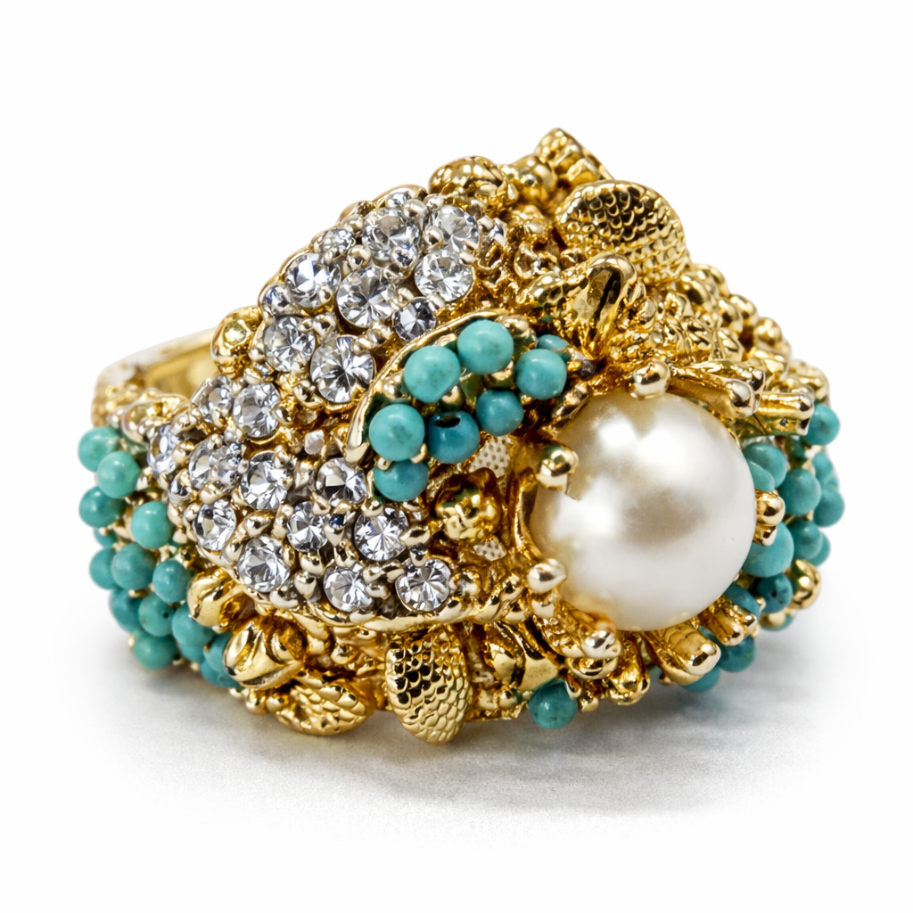 Bohemian Gold-Tone Statement Ring with Pearl, Turquoise, and Crystal Clusters