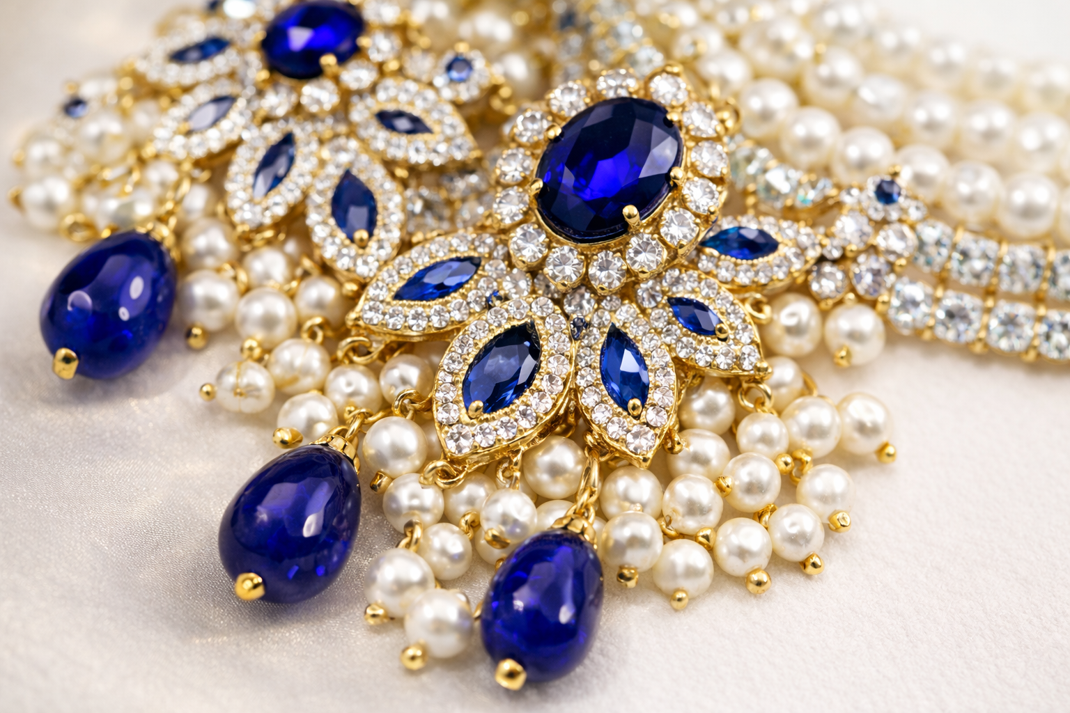 Royal Navy Blue & Pearl Choker Set | Handcrafted Antique Gold Bridal Jewelry