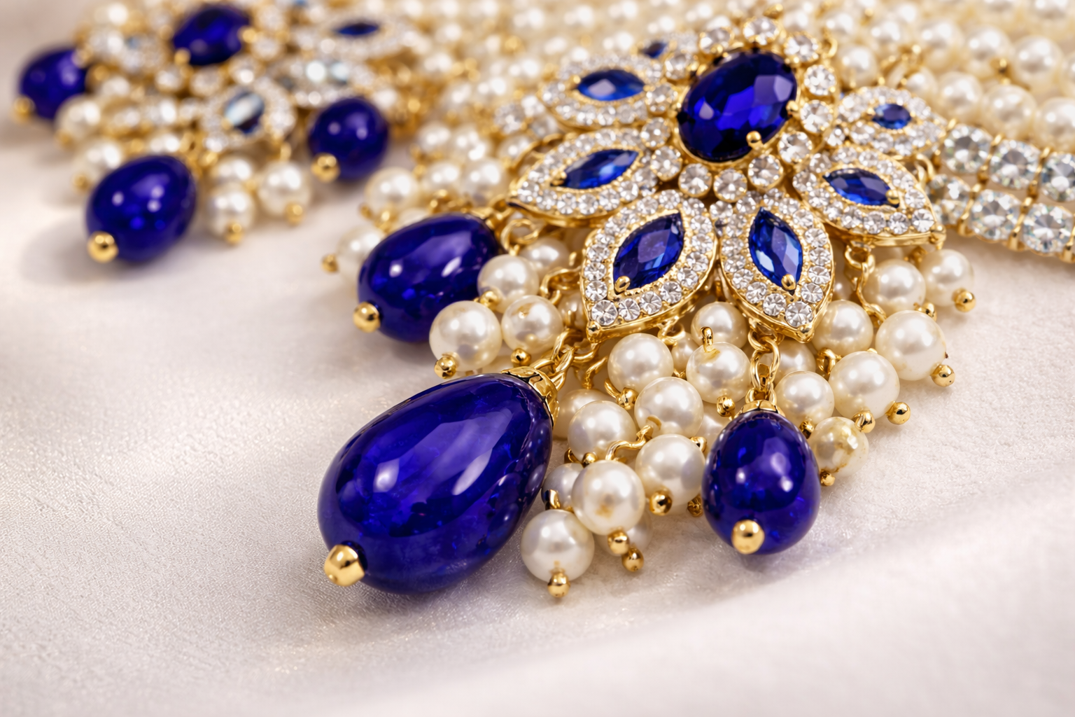 Royal Navy Blue & Pearl Choker Set | Handcrafted Antique Gold Bridal Jewelry