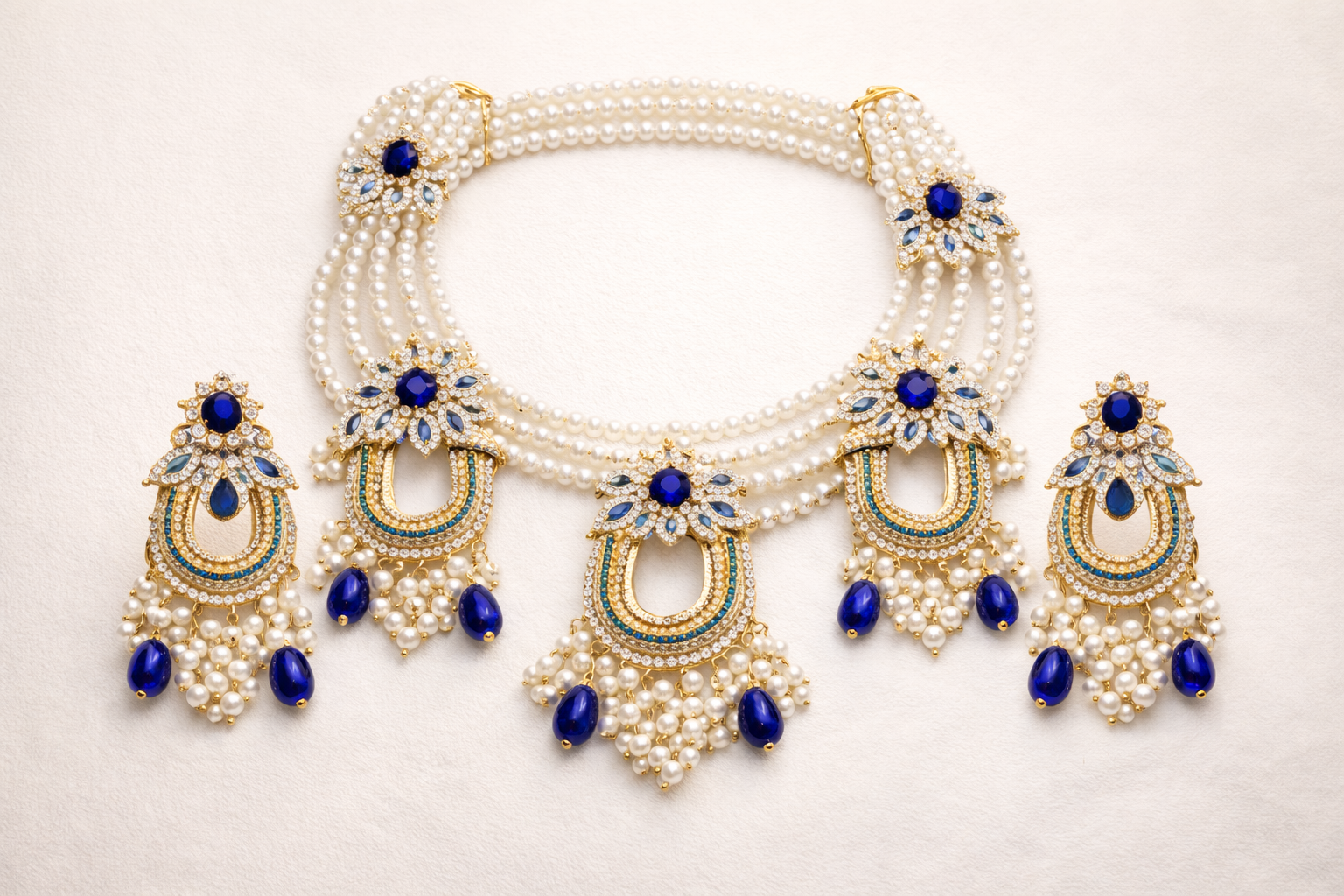 Royal Navy Blue & Pearl Choker Set | Handcrafted Antique Gold Bridal Jewelry
