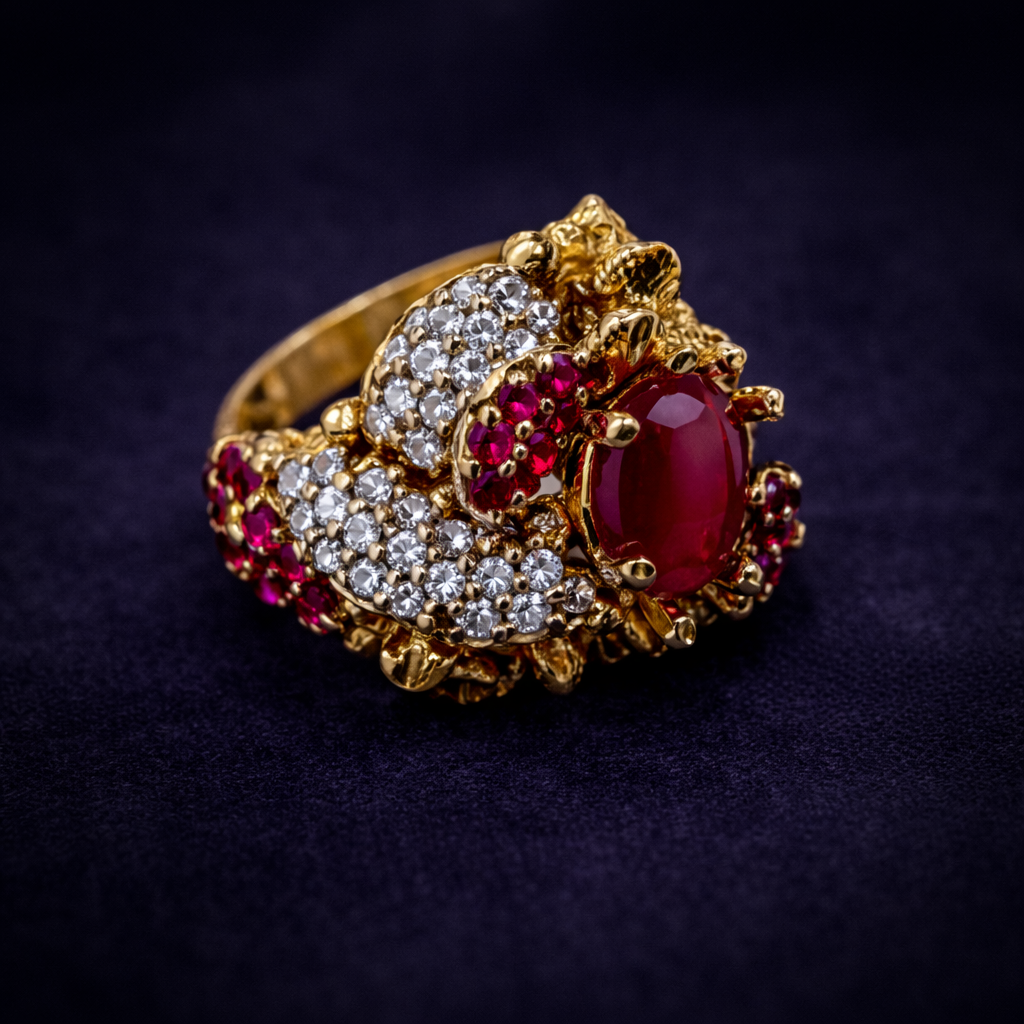 Regal Ruby Red Statement Ring | Ornate Antique Gold & Crystal Cocktail Ring