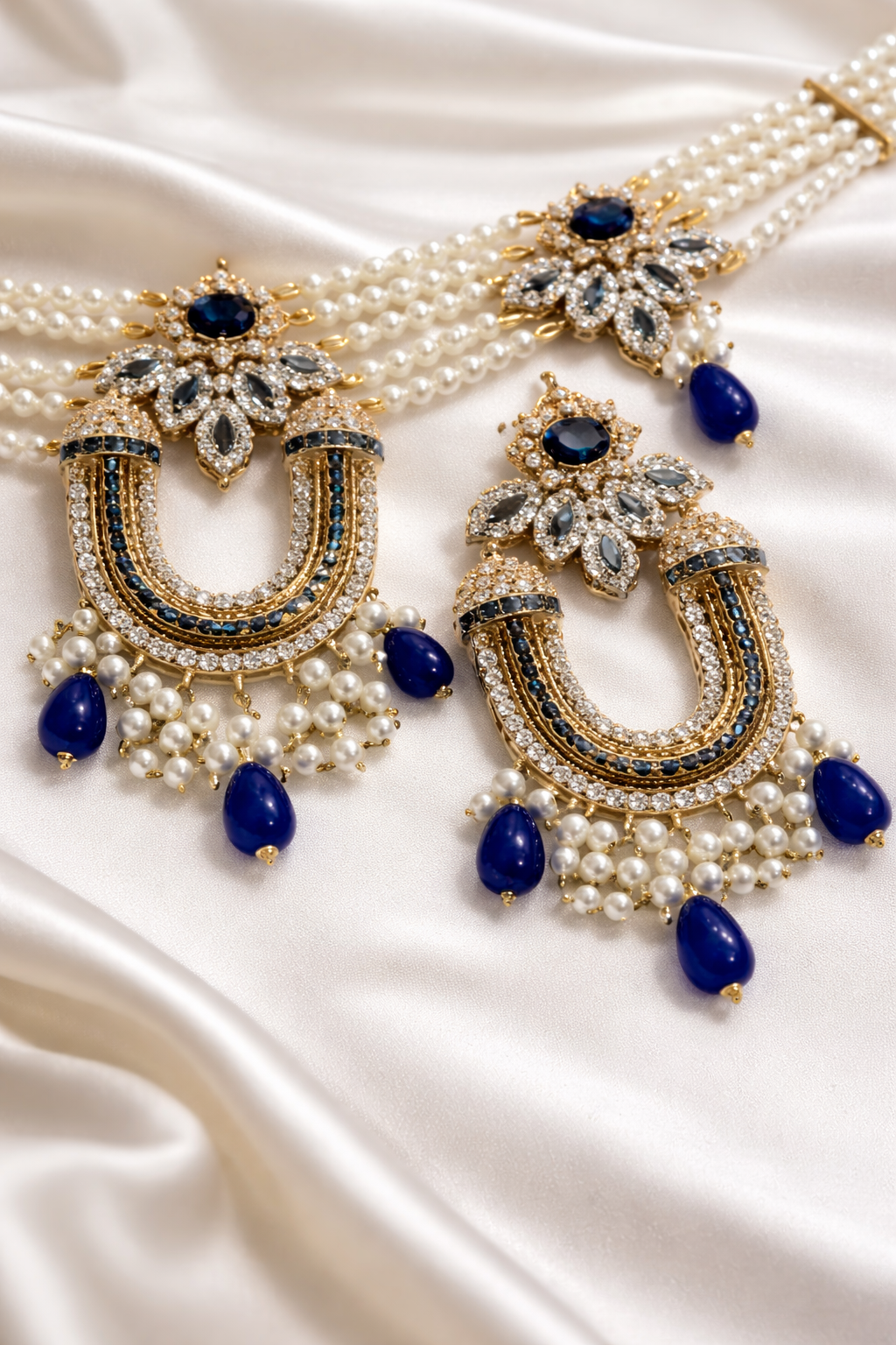 Royal Navy Blue & Pearl Choker Set | Handcrafted Antique Gold Bridal Jewelry