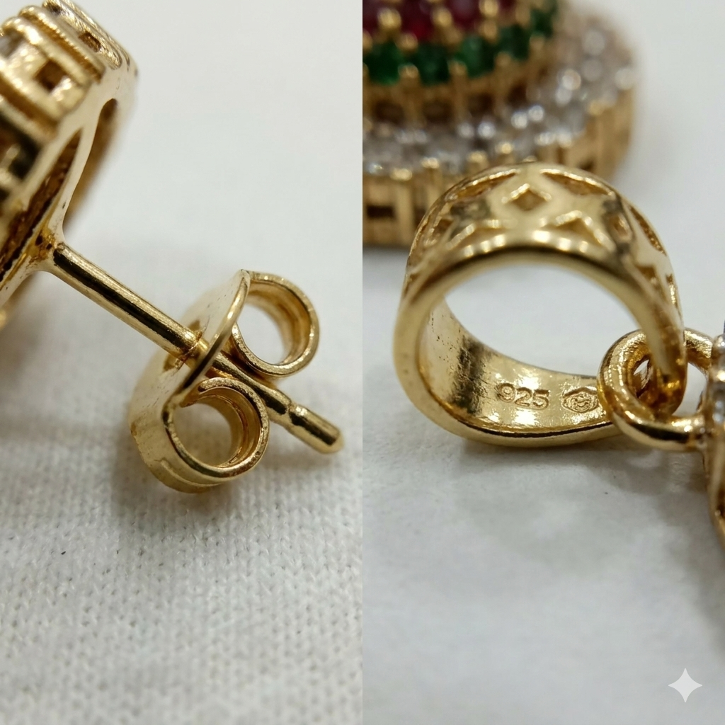 Traditional Gold-Plated Multicolour Navratna Style Pendant, Ring & Earrings Set