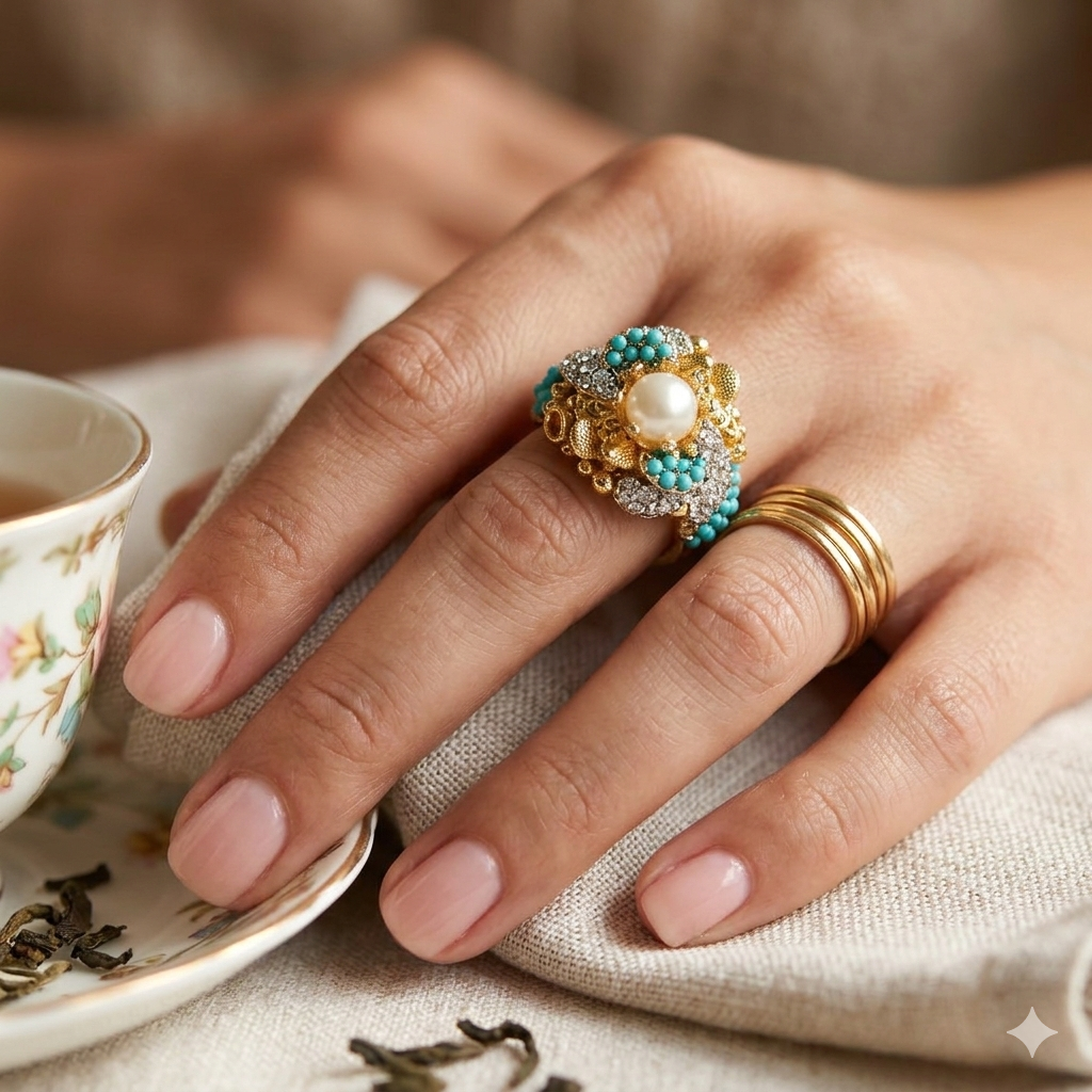 Bohemian Gold-Tone Statement Ring with Pearl, Turquoise, and Crystal Clusters
