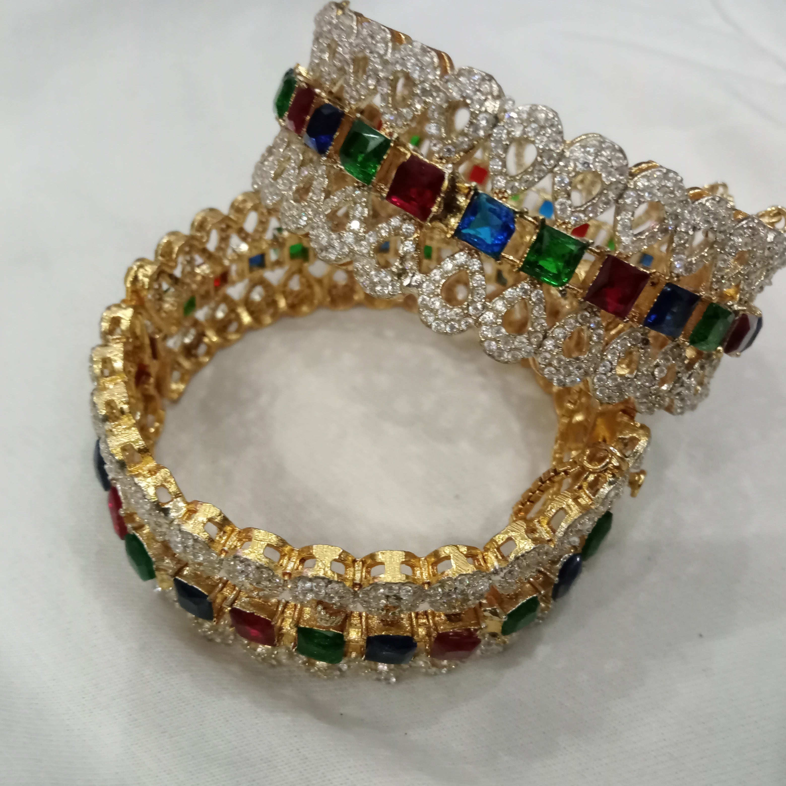 Exquisite Multi-Stone CZ Diamond Bangles | Traditional Gold-Plated Wedding Kada Set