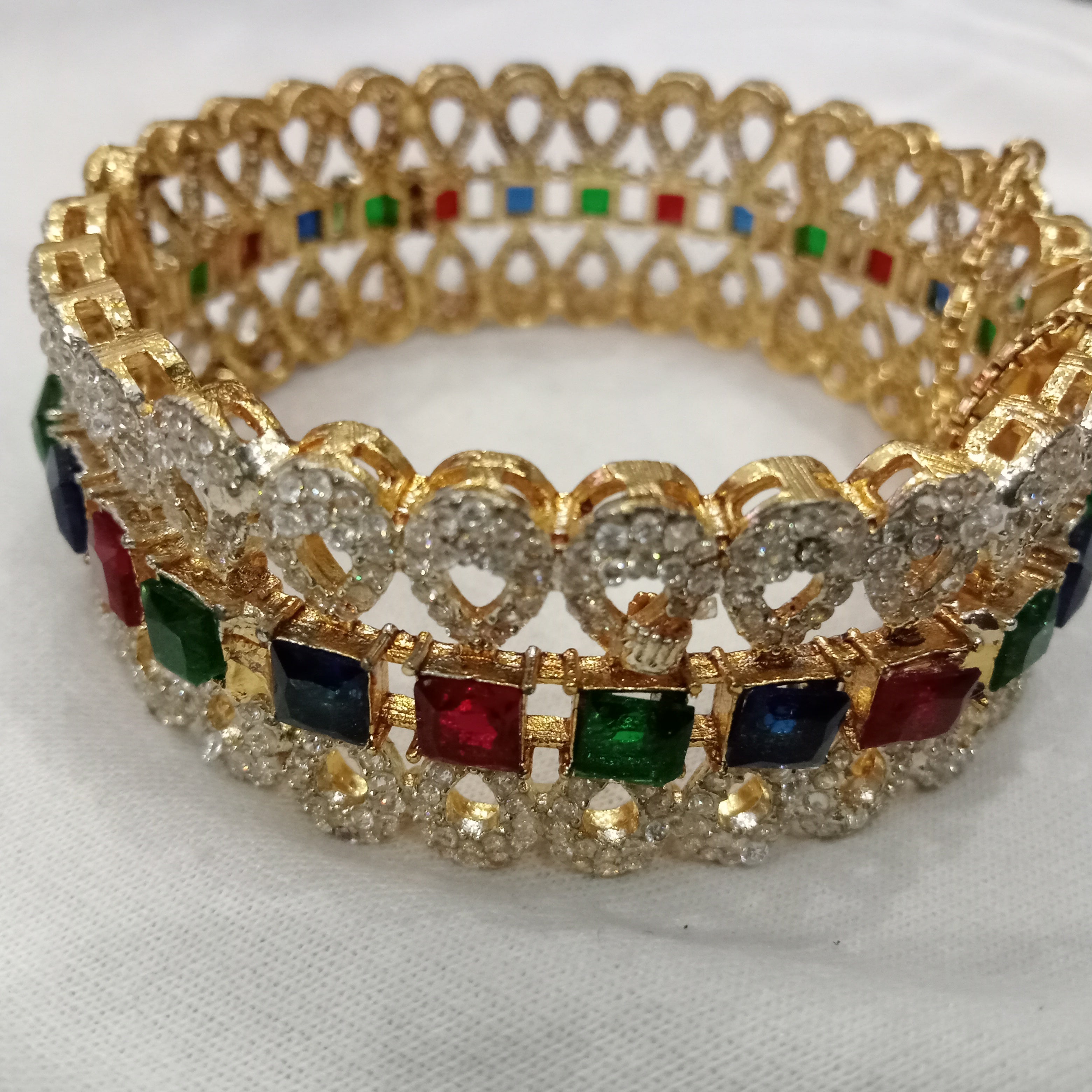 Exquisite Multi-Stone CZ Diamond Bangles | Traditional Gold-Plated Wedding Kada Set