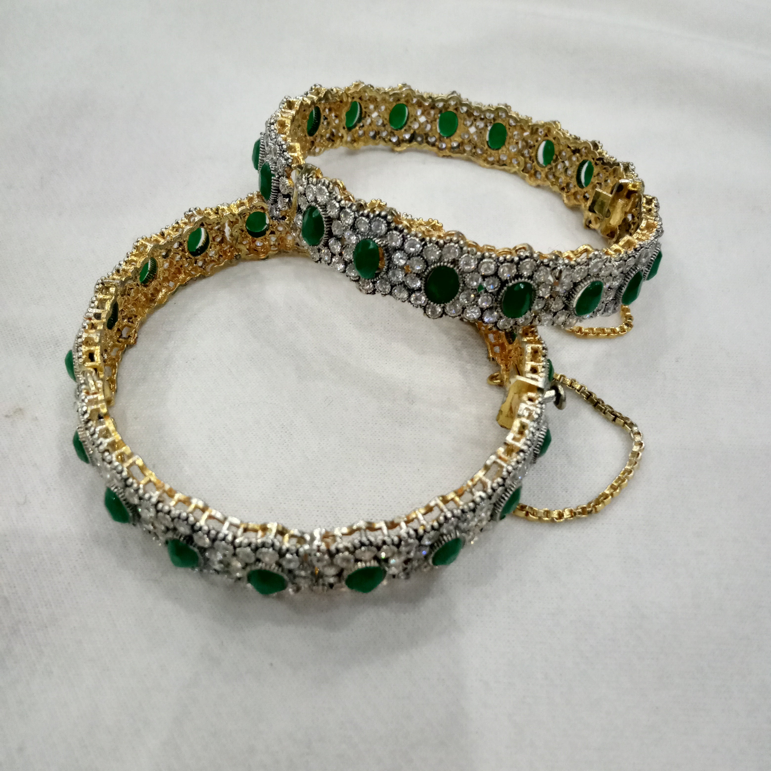 Royal Green Emerald-Style Gold Plated Bridal Bangles with Safety Chain