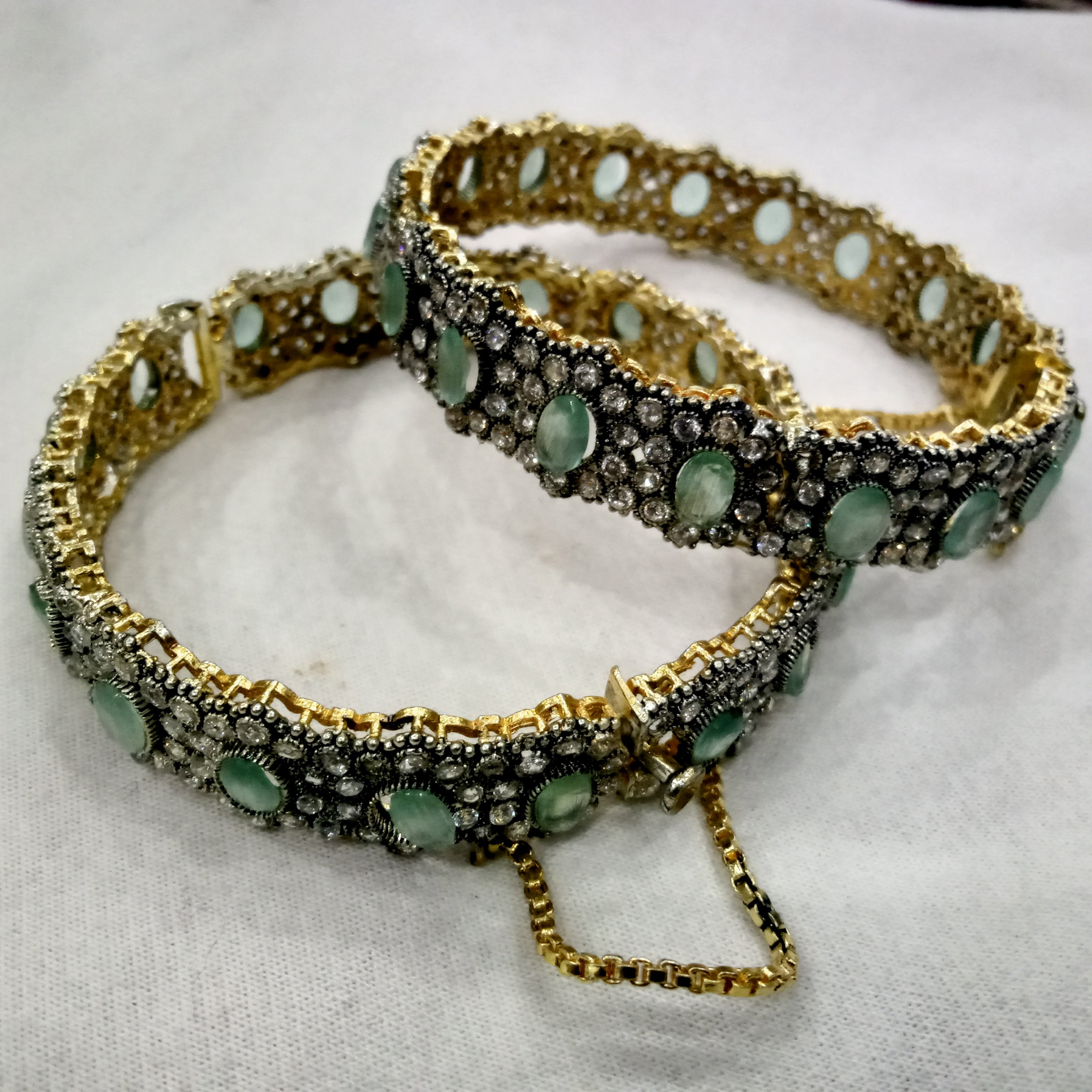 Victorian-Inspired Handcrafted Kada Bangles with Mint Green Oval Cabochons